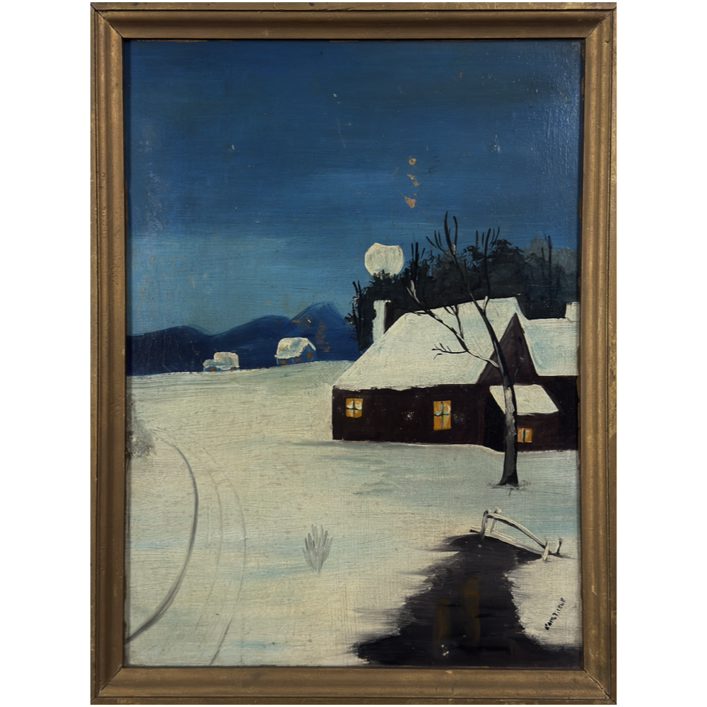 Folk art winter moonlit nocturne landscape with house and frozen stream, signed