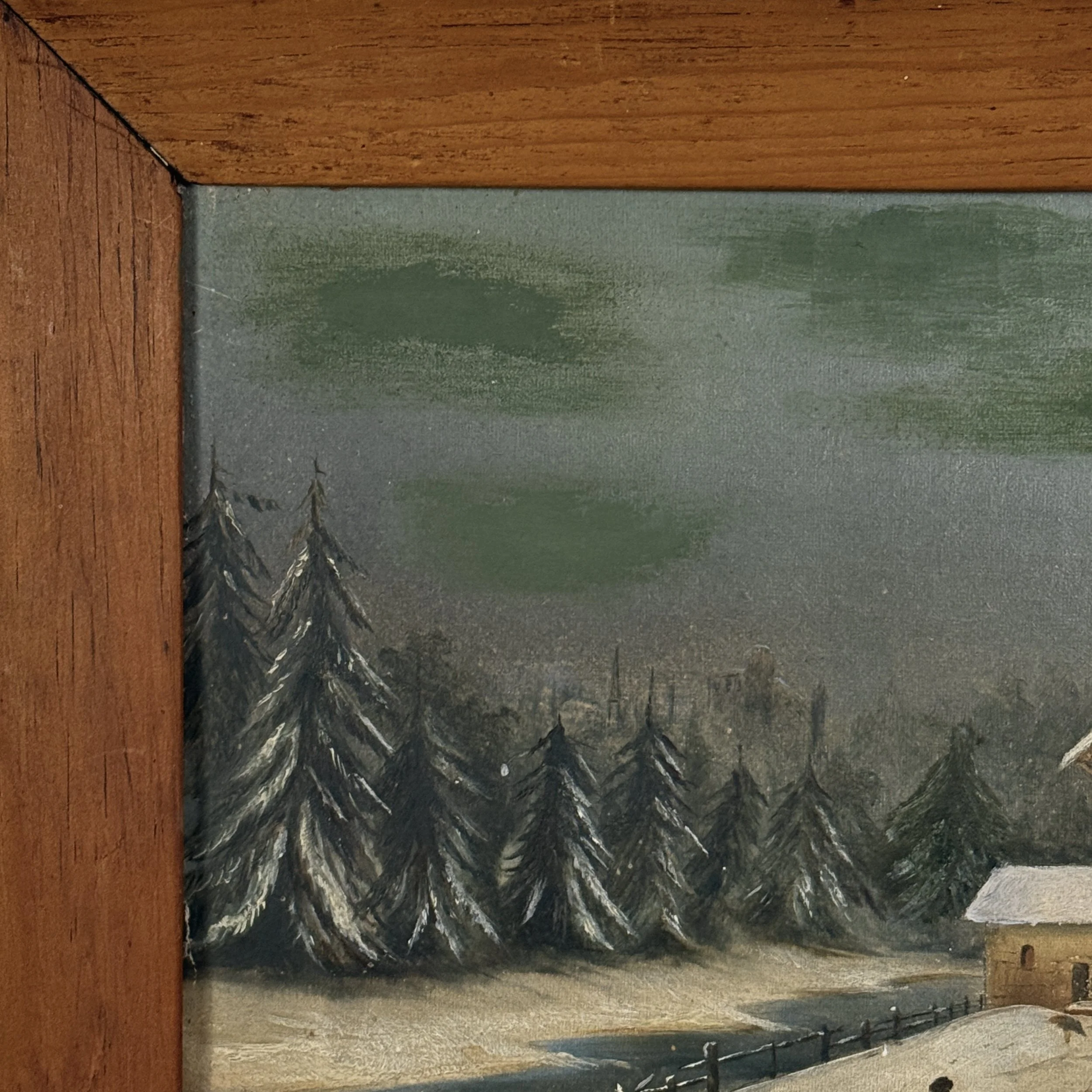Antique folk art winter landscape with figure, signed, oil on canvas