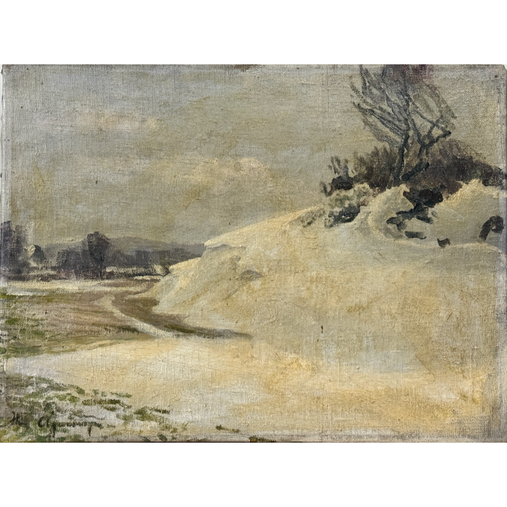 Antique Danish Post-Impressionist winter landscape full view snow-covered ground bare trees