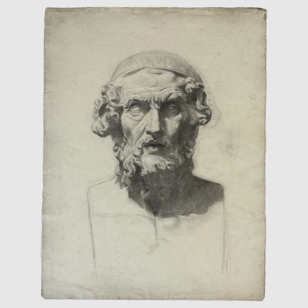 Antique French Neoclassical Portrait Bust of Homer (Charcoal on Wove Paper)