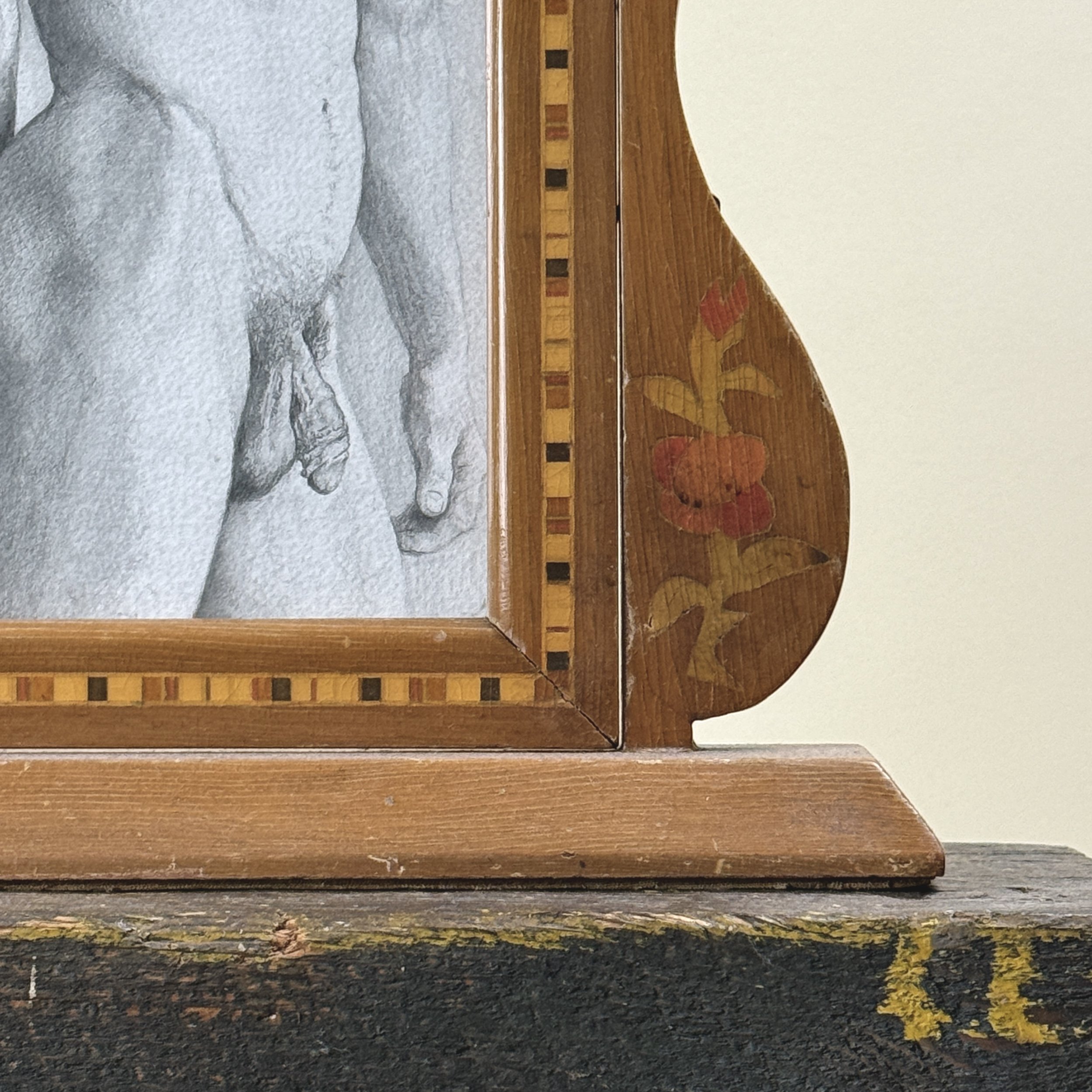 Frame corner detail. Art Nouveau ornament. Inlaid rose motif.
