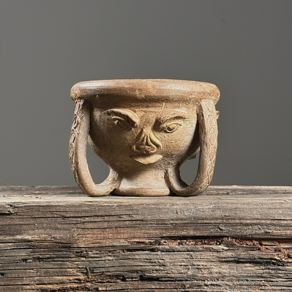 Vintage folk art hand built clay portrait bowl. 3 inches height by 4.25 inches diameter.
