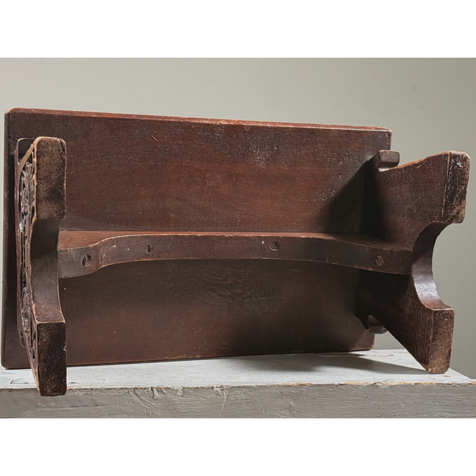 Antique hand-carved Gothic English step stool with scrolled lion and Green Man carvings