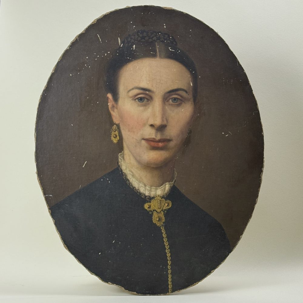 Antique Victorian portrait of a woman in black. Oil on board. Unframed. 19.8 inches high by 15.75 inches wide.
