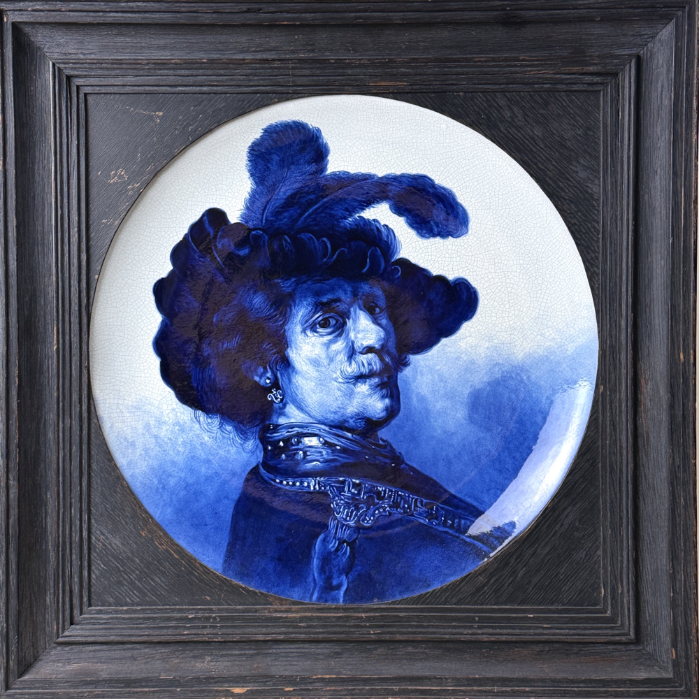 Antique 19th century Delft porcelain tondo charger. Portrait after Rembrandt. 13.5 inch diameter.