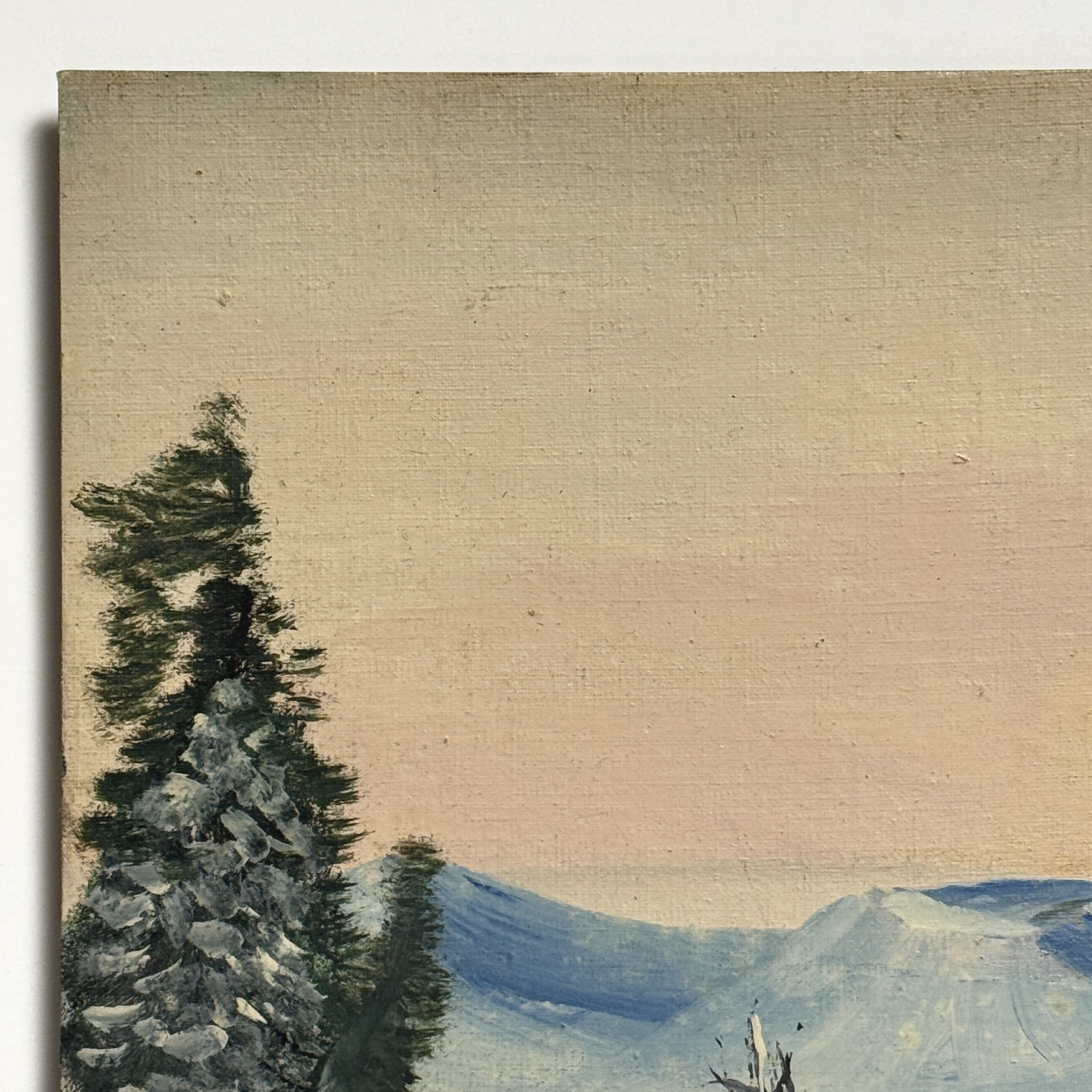 Antique 19th century folk art winter landscape with wolf, oil on board