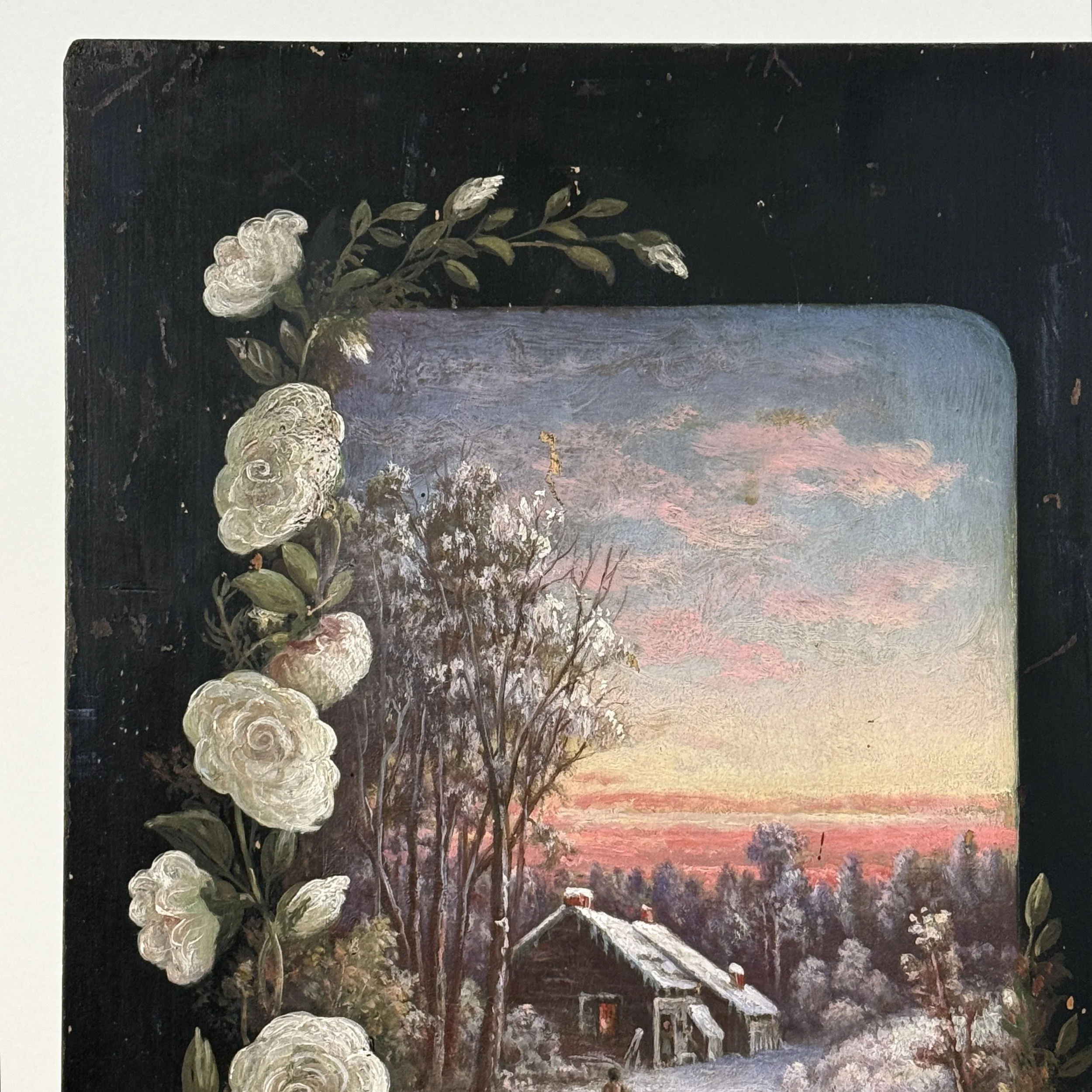 White rose detail. Border decoration along edge of painting.
