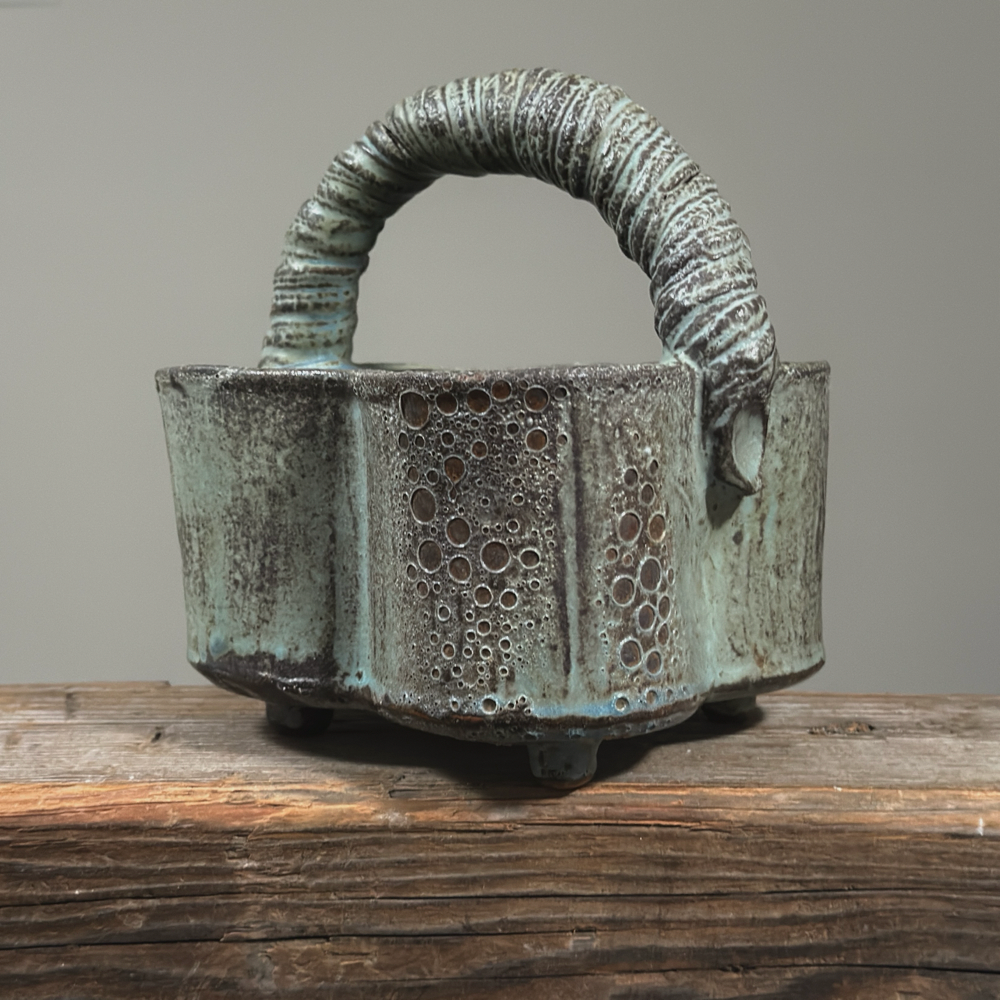 Vintage Postmodern Greenish Blue Glazed Ikebana Vessel with Handle by Seiko Kato Behr, Stamped