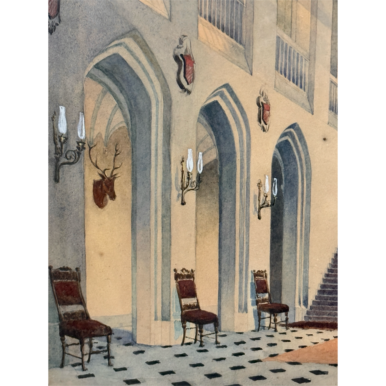 Gothic Revival interior watercolor, Ravensworth Castle great hall, signed