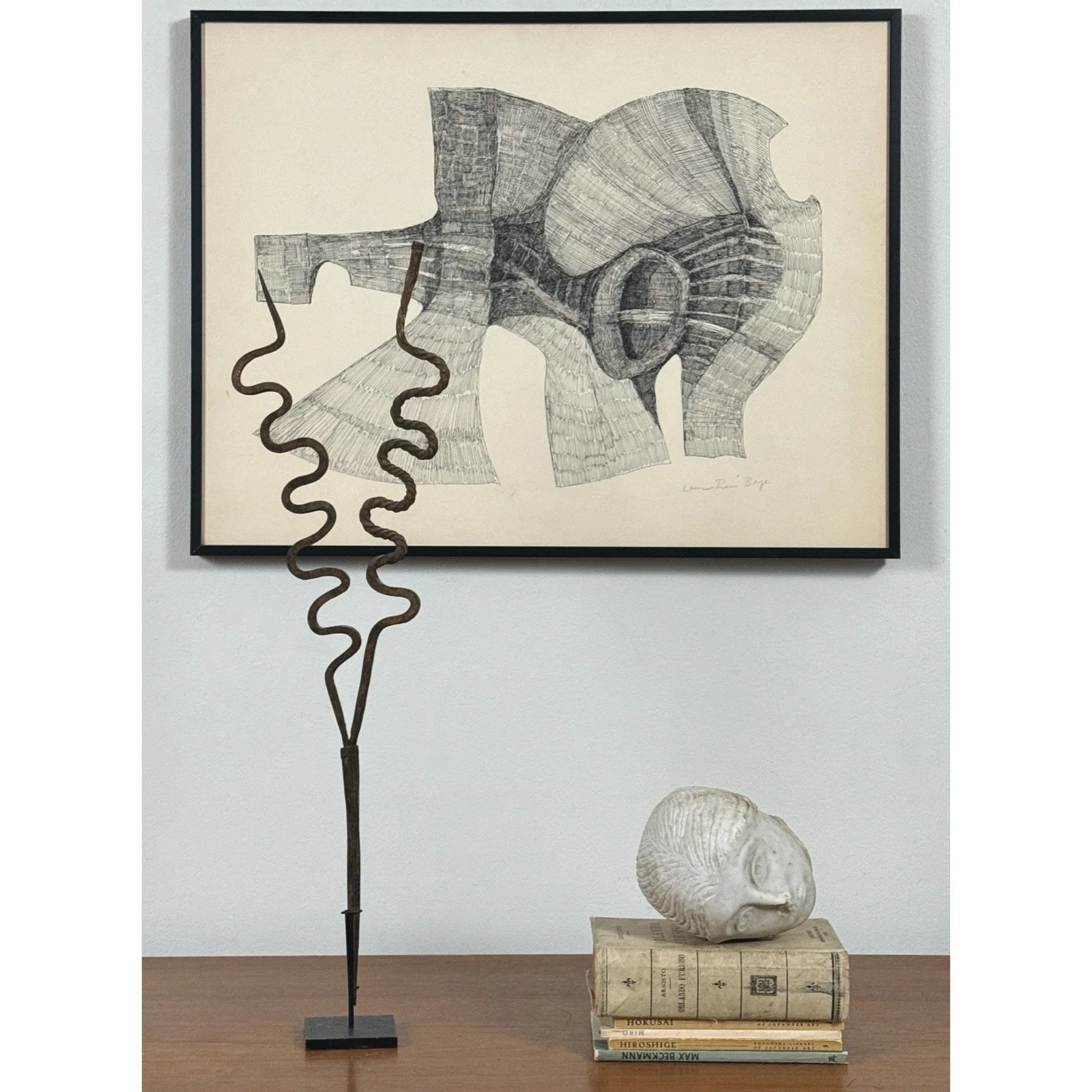 The Louis-René Berge pen drawing displayed in its contemporary black metal gallery frame with UV-protective acrylic in a vignette.