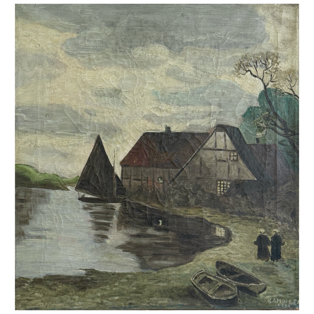 Full view of antique Danish Folk Art seascape with black sailboat in background, two figures along shore, and cottage in background, oil on canvas, signed lower right