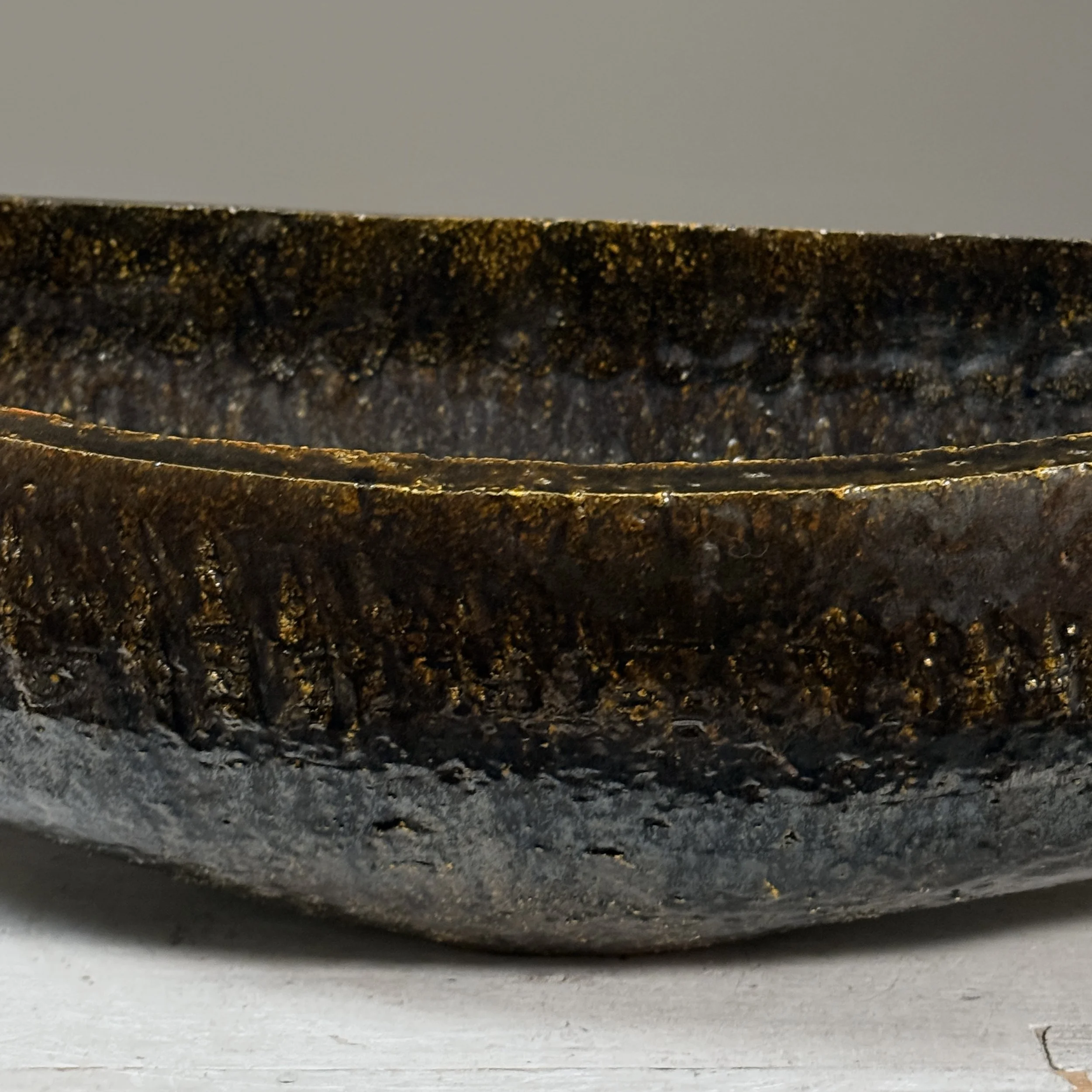 Detail of Large vintage Japanese Brutalist abstract wood fired stoneware vessel, signed