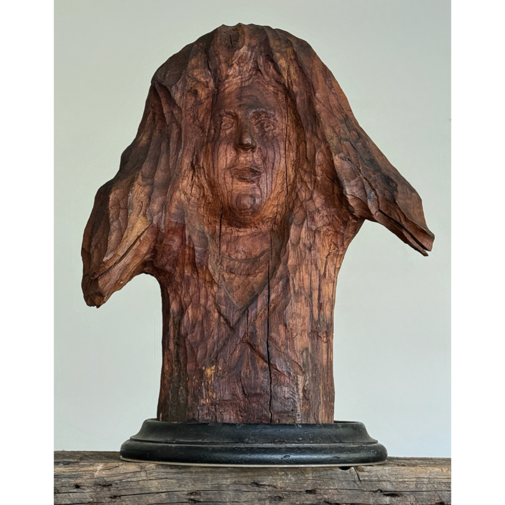 Vintage Outsider Art hand carved portrait in wood stump