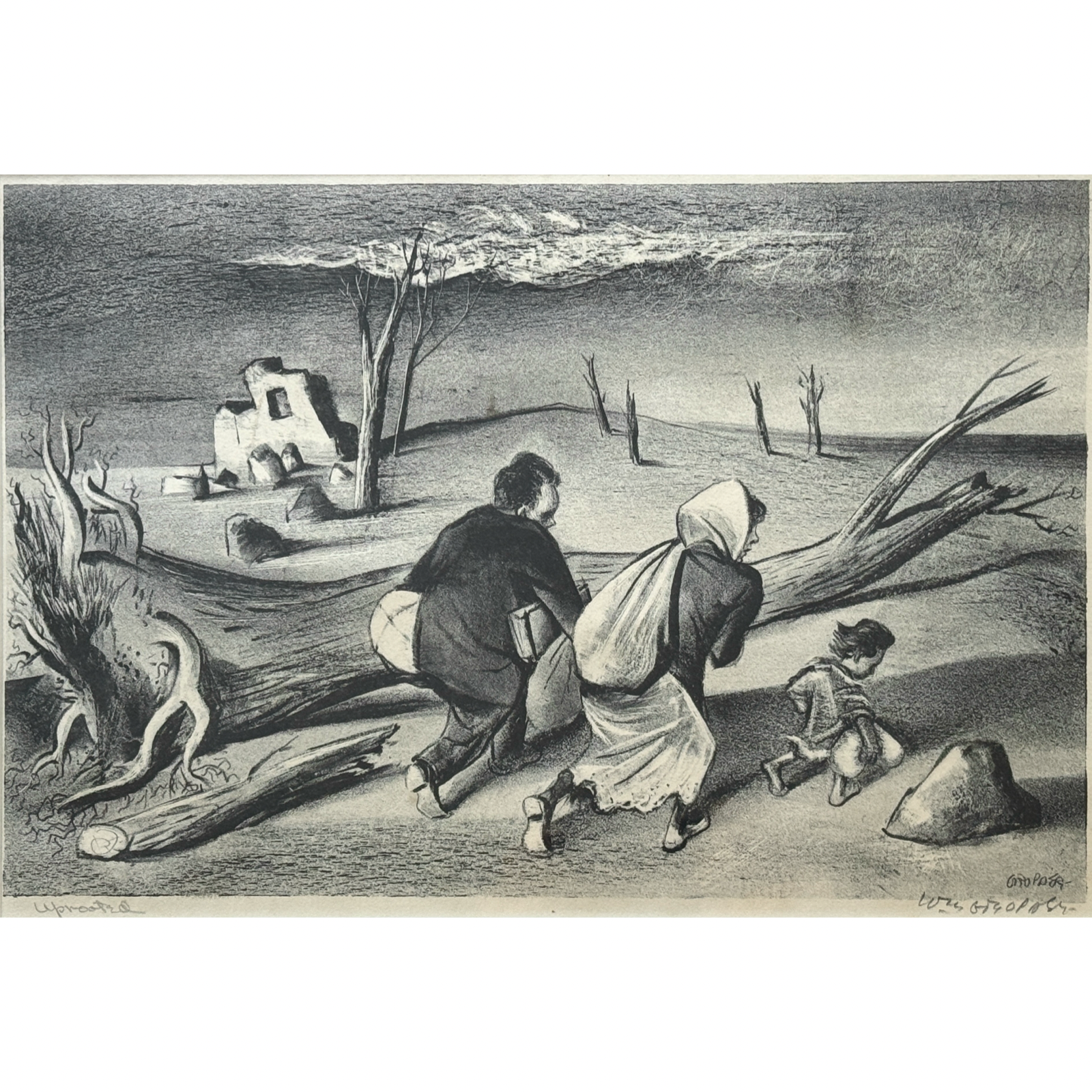 William Gropper lithograph titled Uprooted. Black wood frame. Frame measures 21 3/8 by 16 3/4 inches.