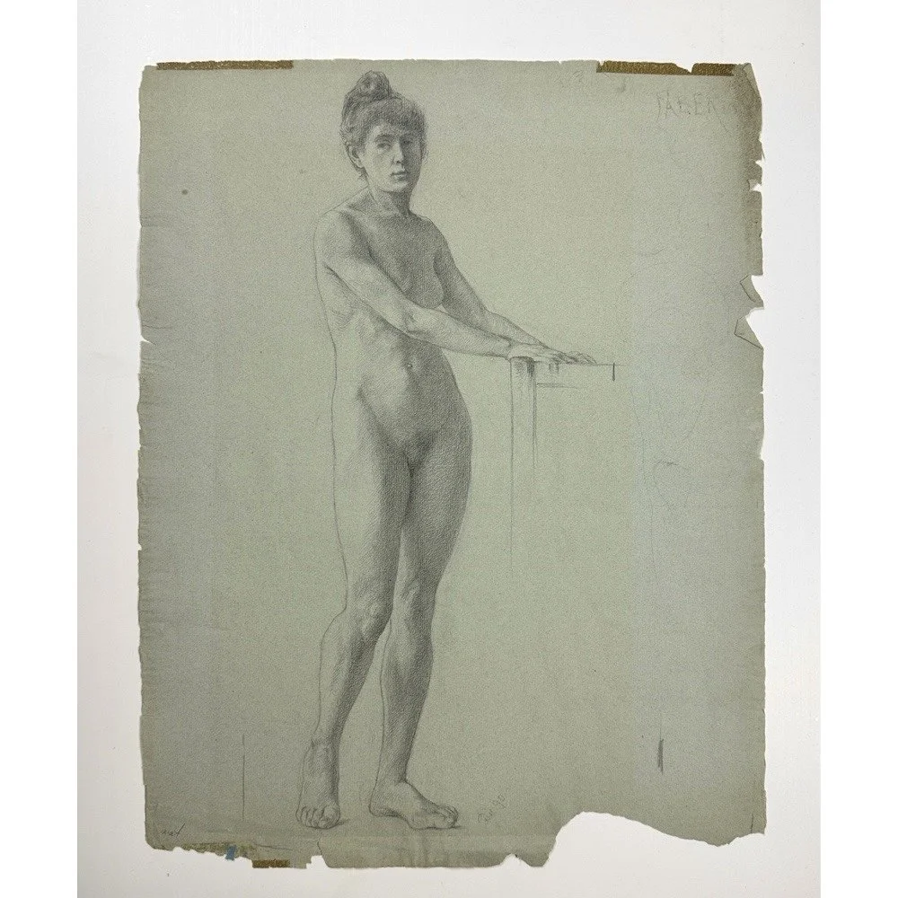 Ludwig Ernst Faber (1855–1913) Antique Neoclassical Female Nude Study, Charcoal on Toned Paper (1890)
