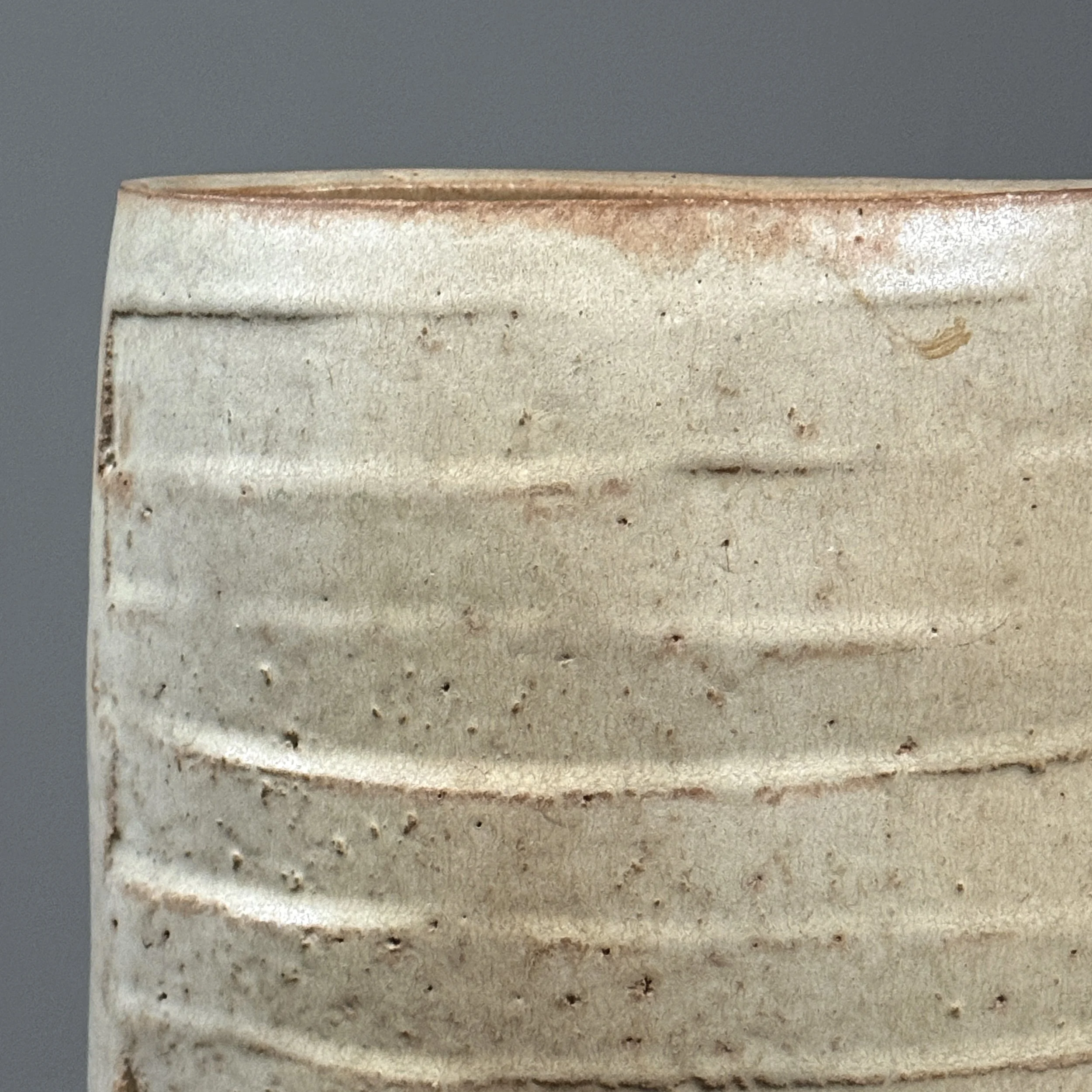 Vintage Modernist Japanese oval Shino glazed stoneware vase, signed