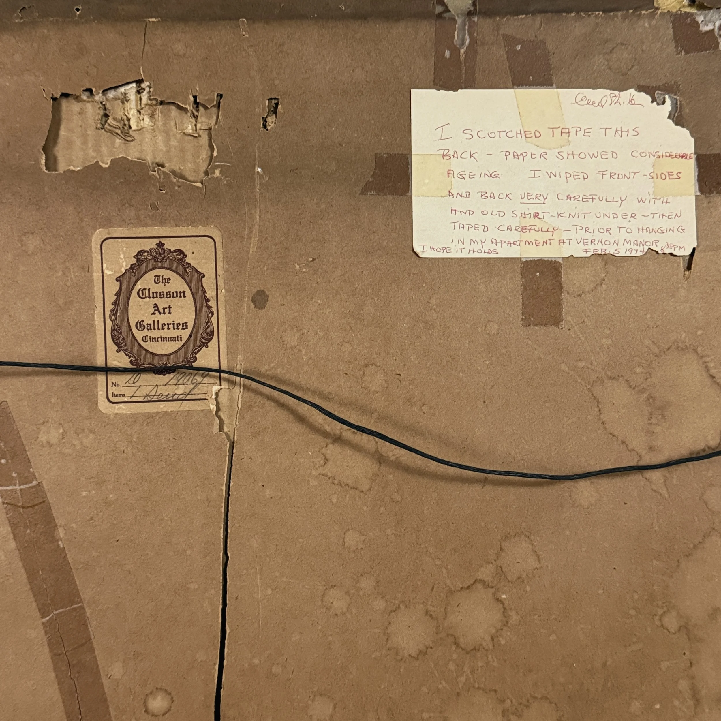 Reverse of the painting, showing labels, and historical markings.