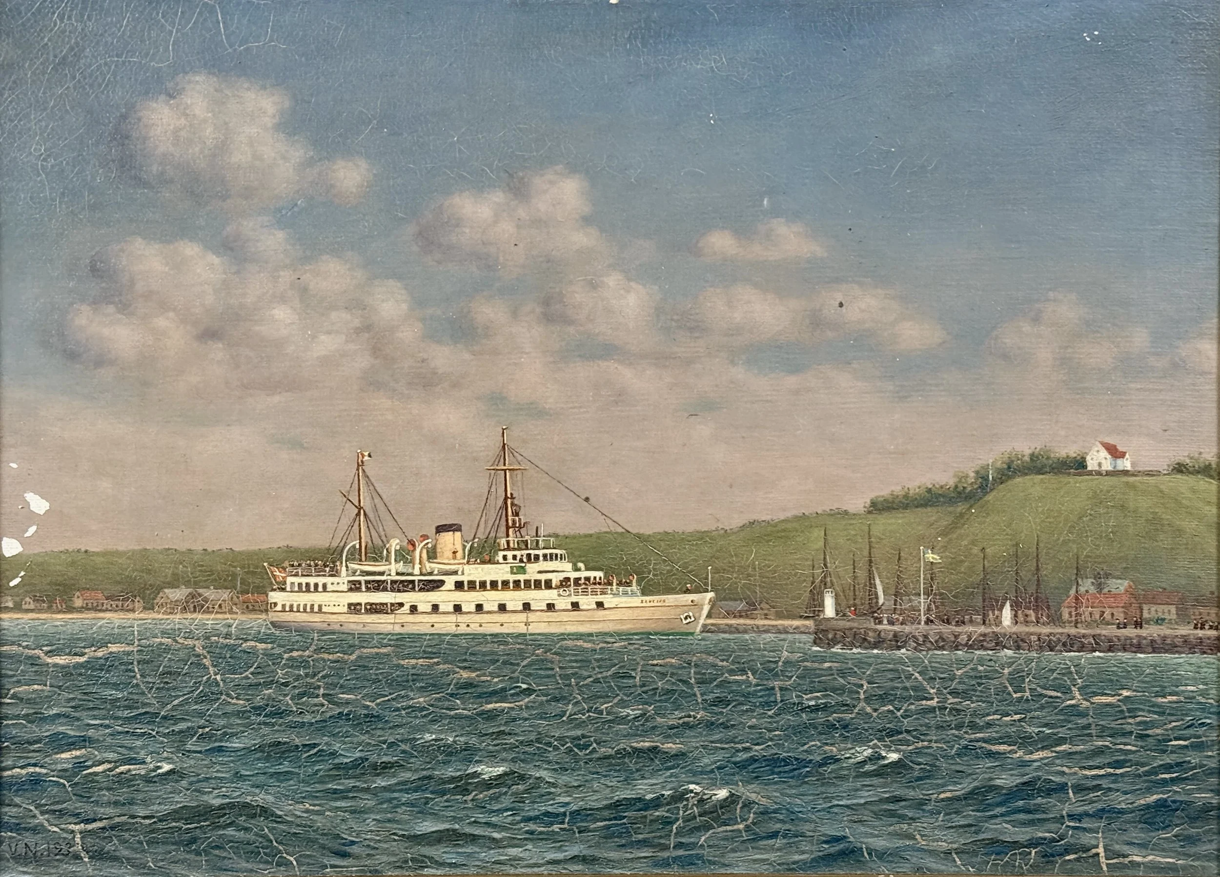 Close-up detail of the boat in antique Swedish Folk Art seascape, harbor scene with calm water, oil on canvas