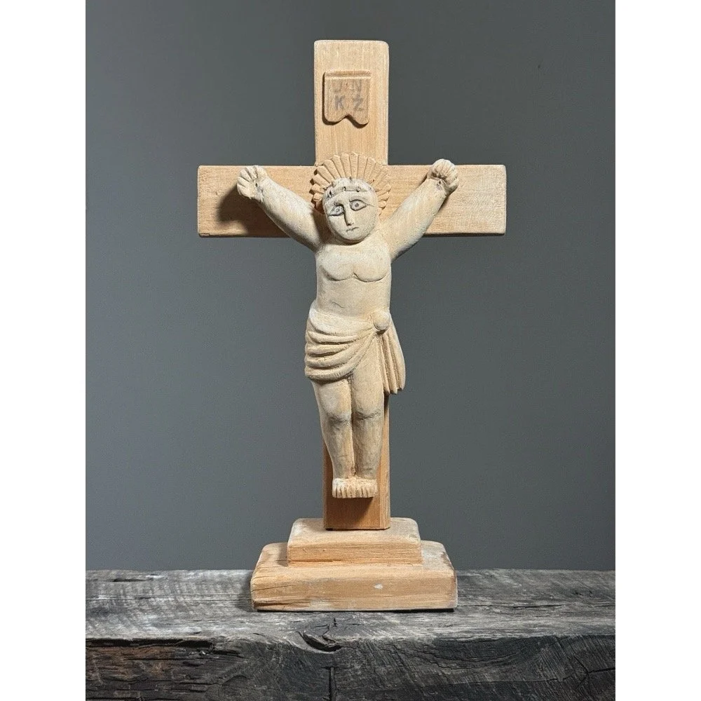 Vintage European hand-carved wooden crucifix sculpture front view