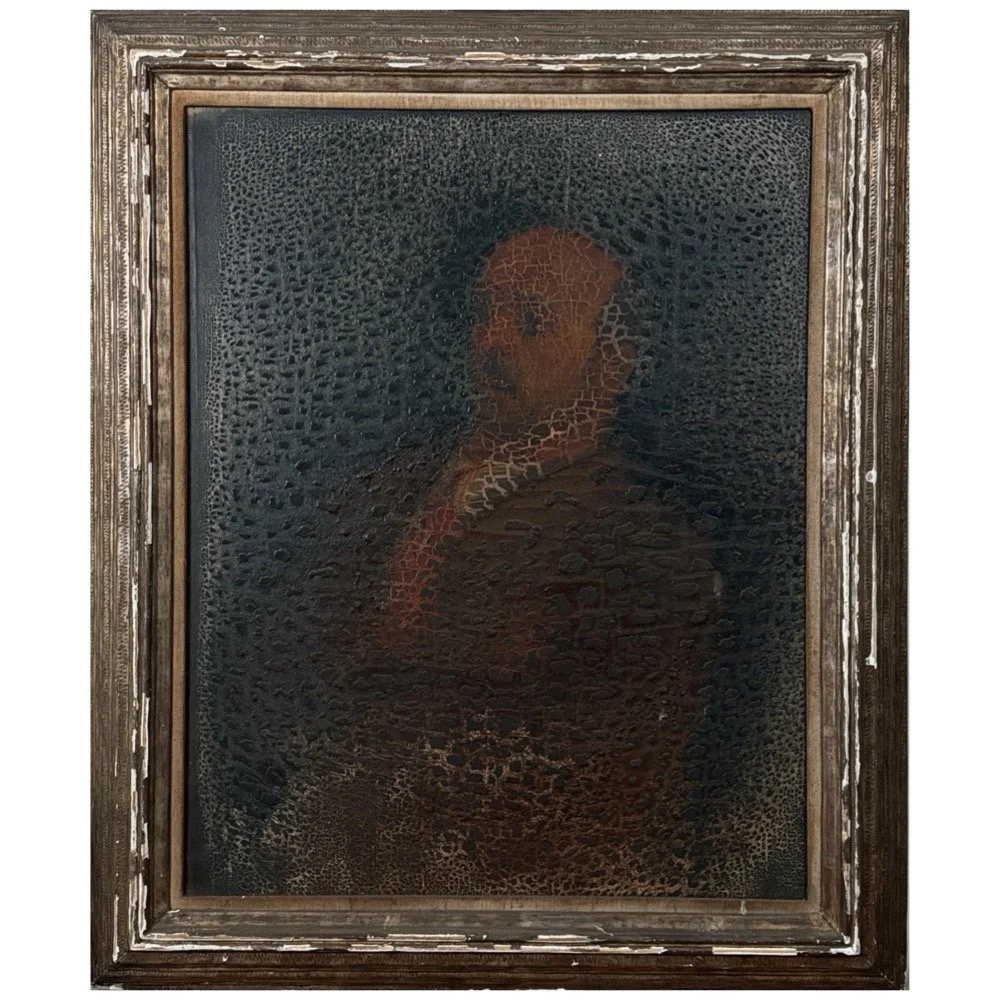 Antique 19th Century Patinated Portrait of Seated Man in Red, Framed