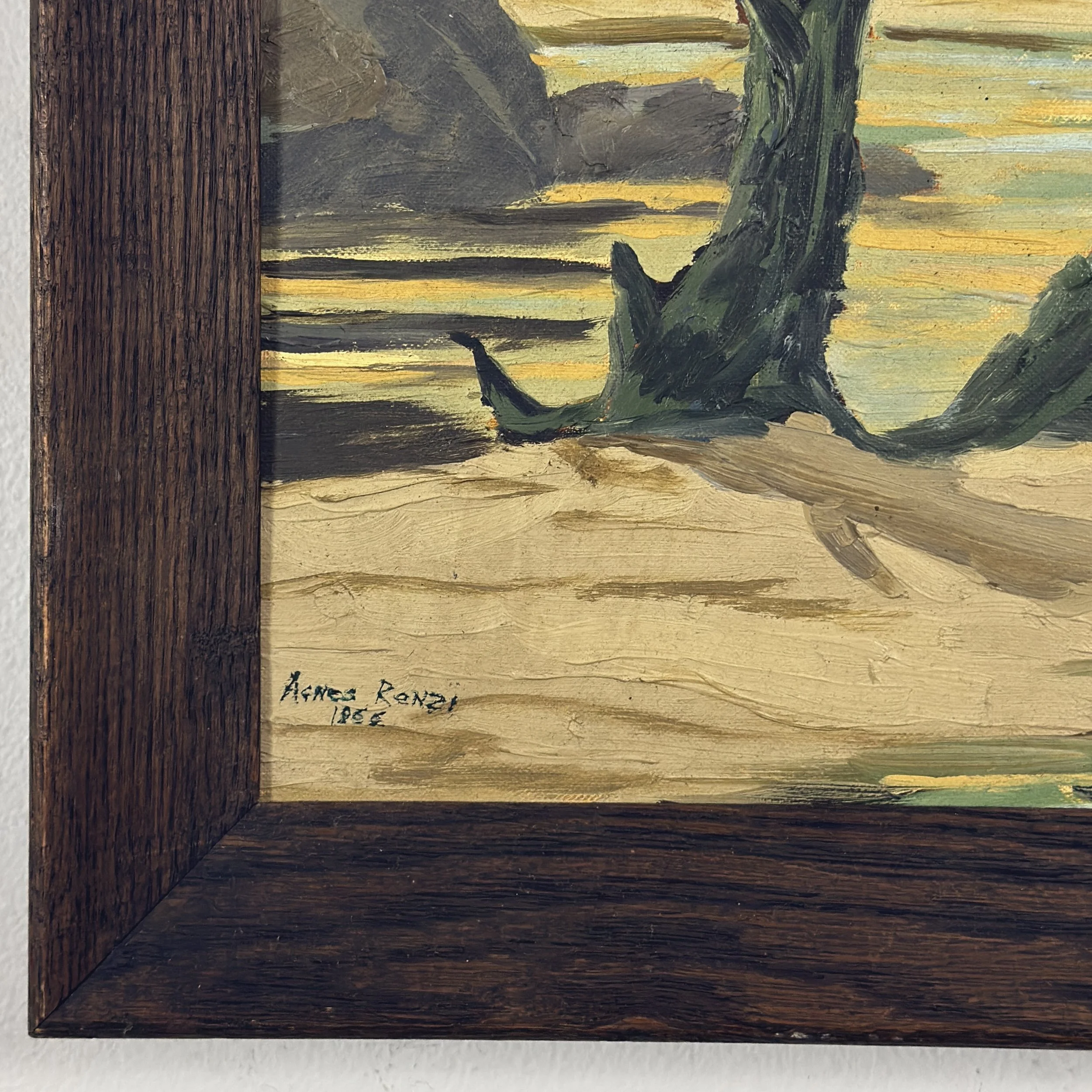 Detail of Vintage Expressionist desolate landscape with dead tree and red house, signed