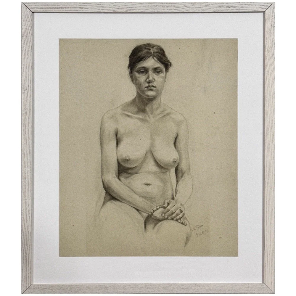 Antique Neoclassical Realist Figurative Study by L.E. Faber, Signed (1891, Charcoal on Paper)