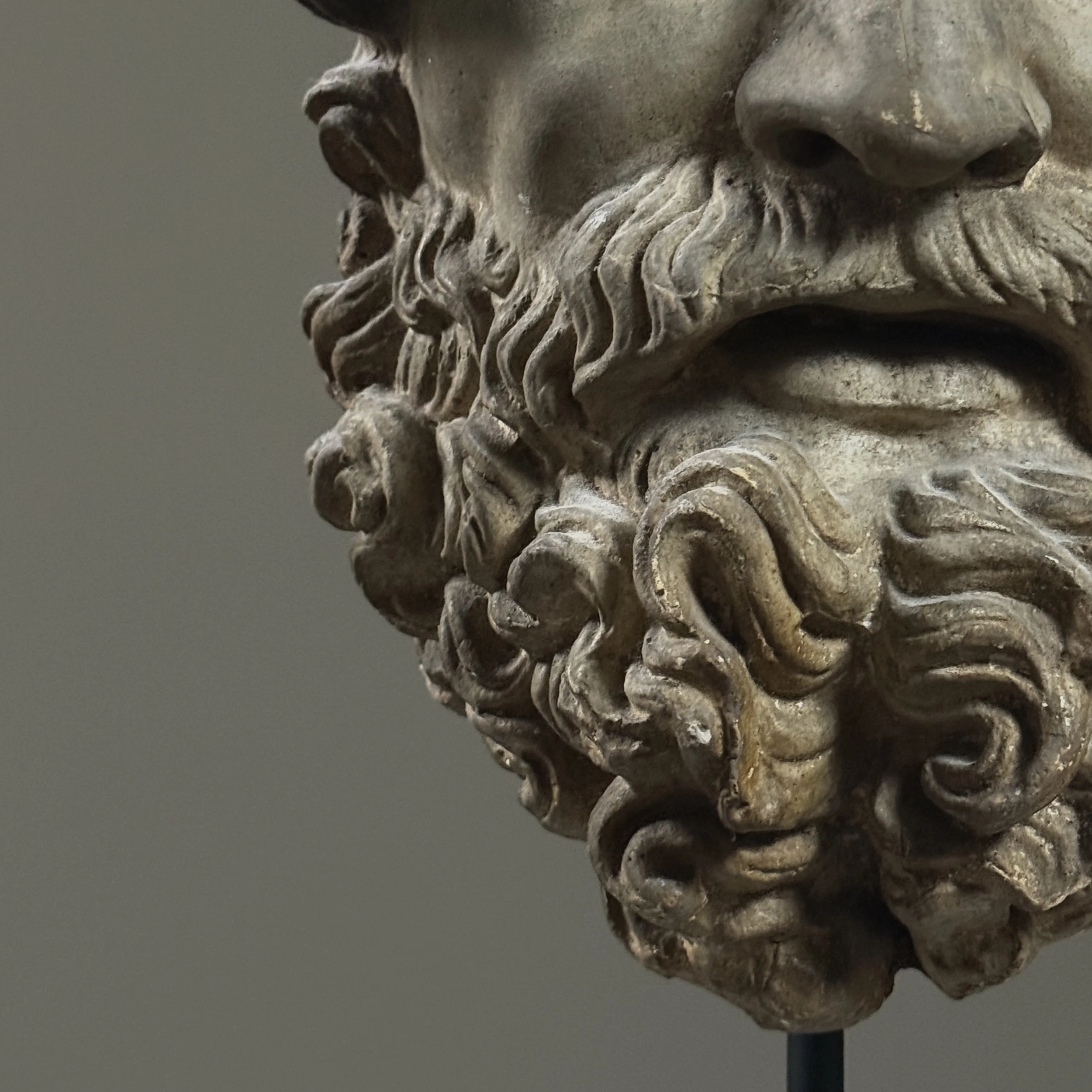 Detail shot of the deep sculptural lines in the beard and hair.