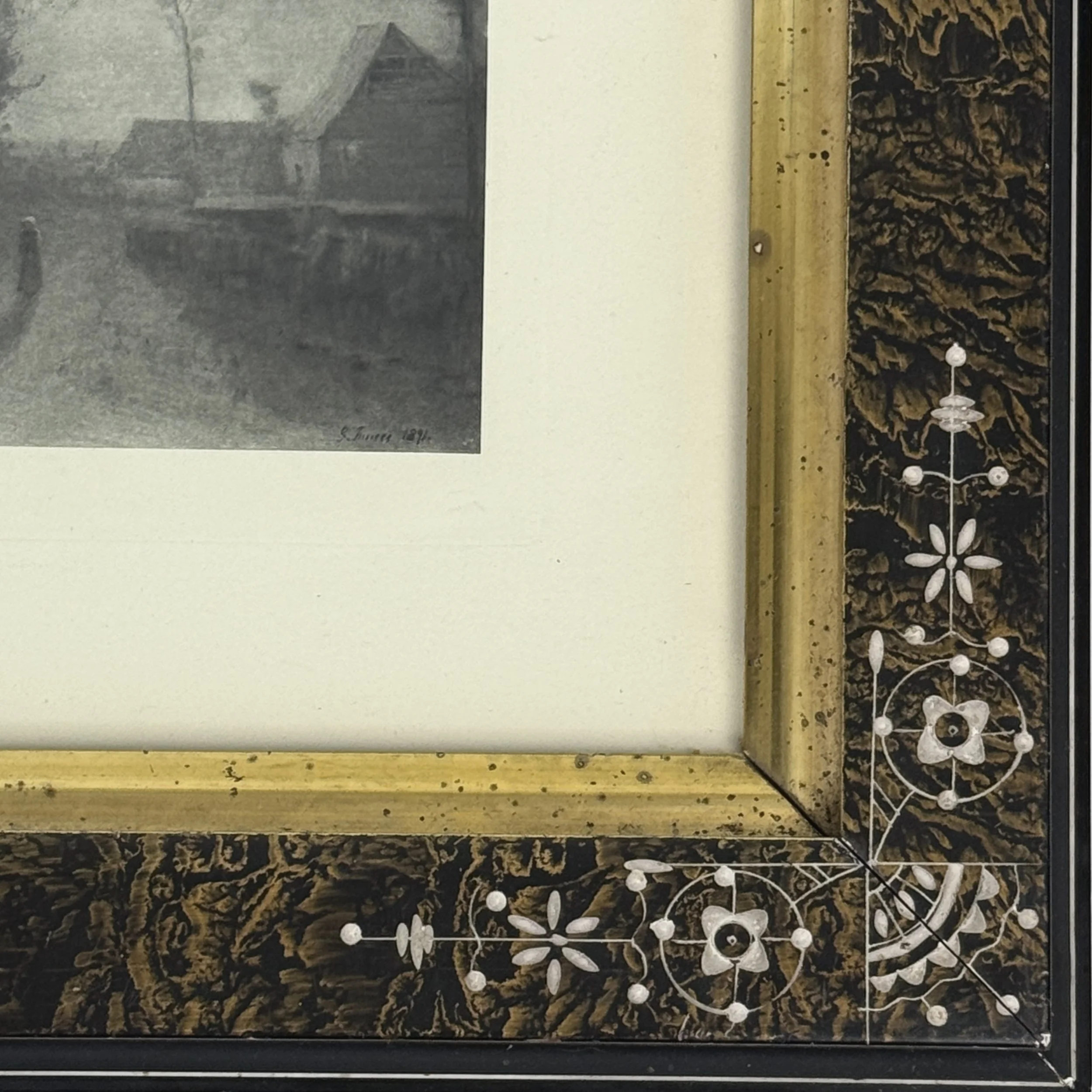 Victorian frame with etched floral motif, stepped gilt trim, Inness engraving