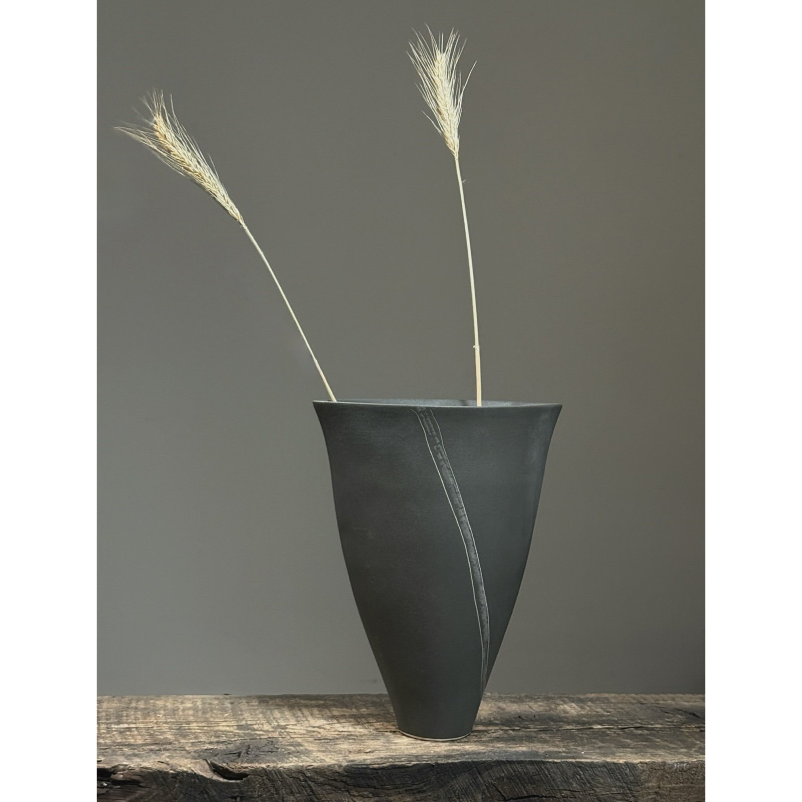 Vintage Postmodernist Japanese black matte porcelain ikebana vase. V-shaped. 10.5 inches height.