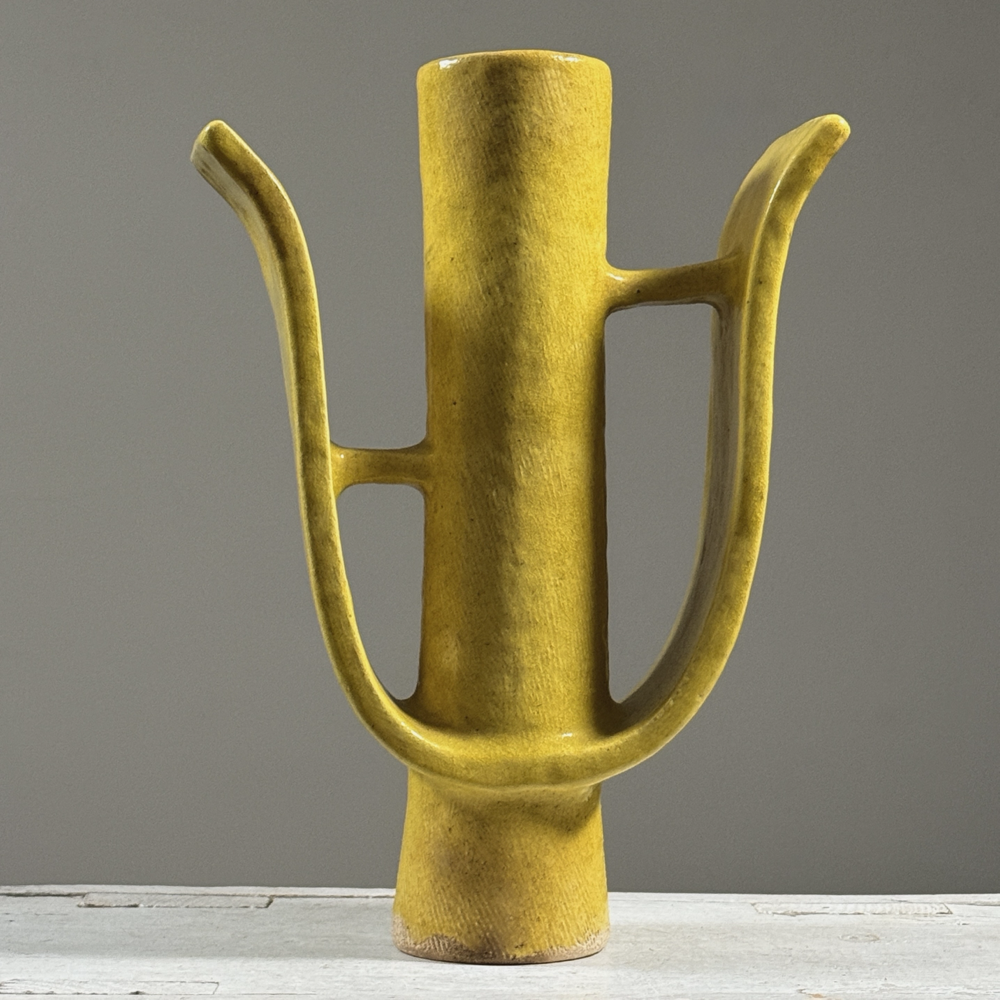 Yellow glazed ikebana vase with two wings and central cylinder, Japanese Postmodernist