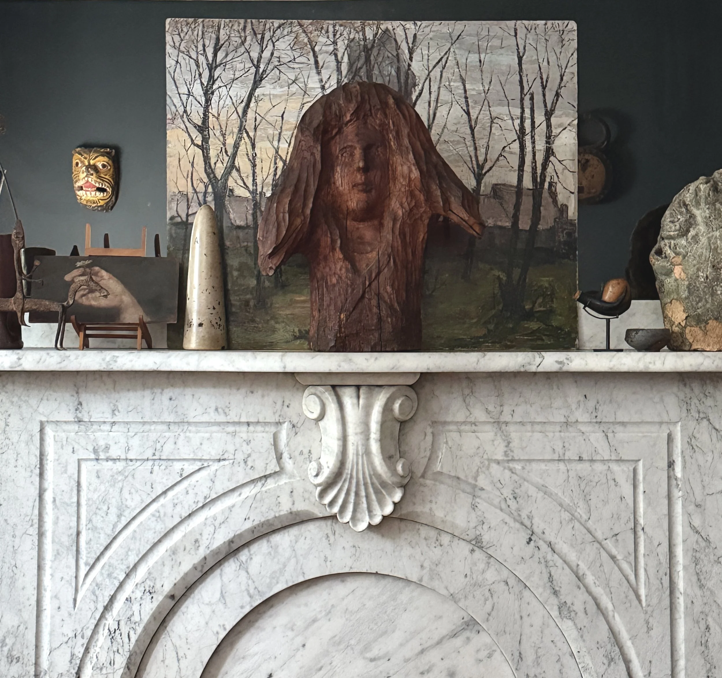Vignette with Portrait detail, hand carved wood stump, facial features
