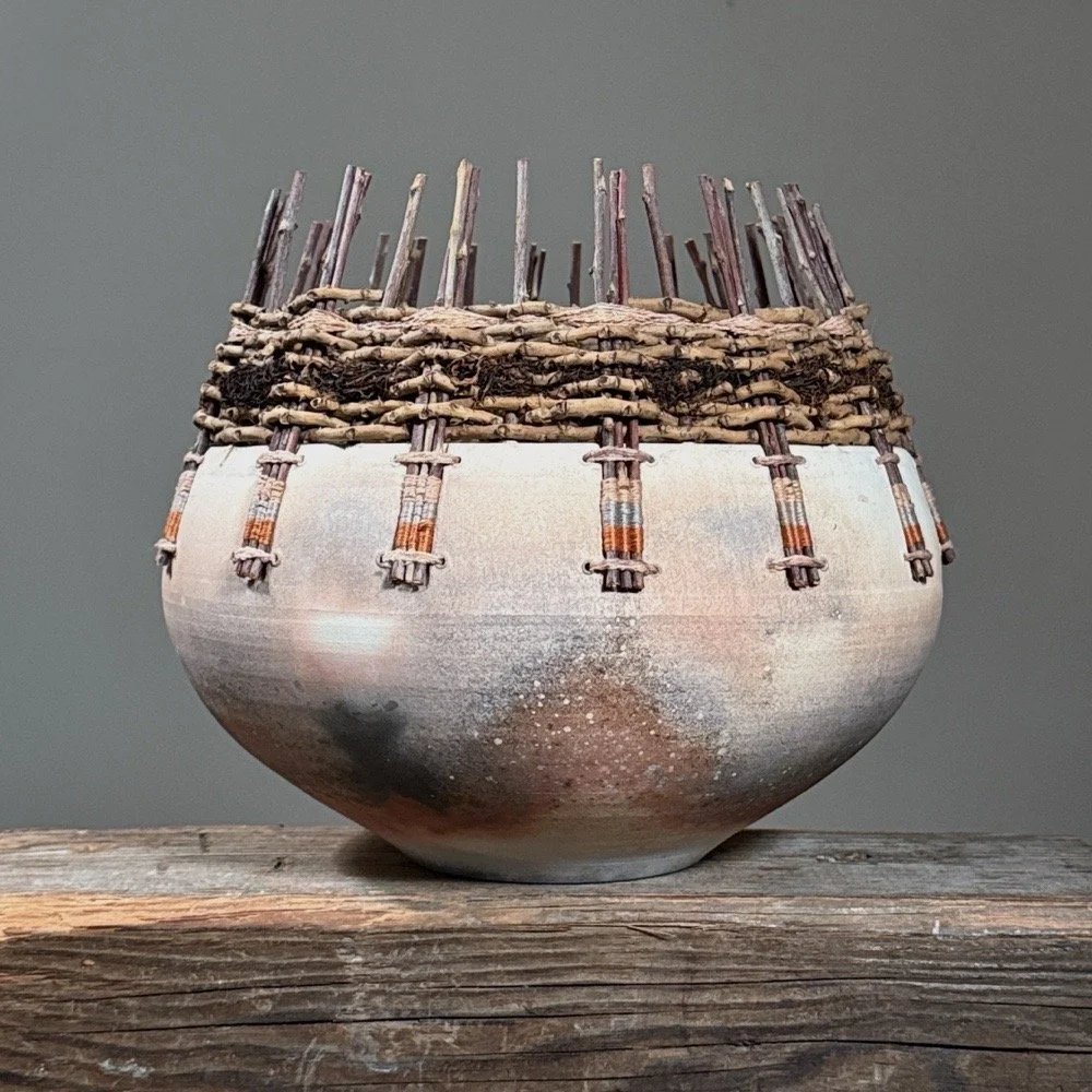 Vintage organic modern raku ceramic pot signed