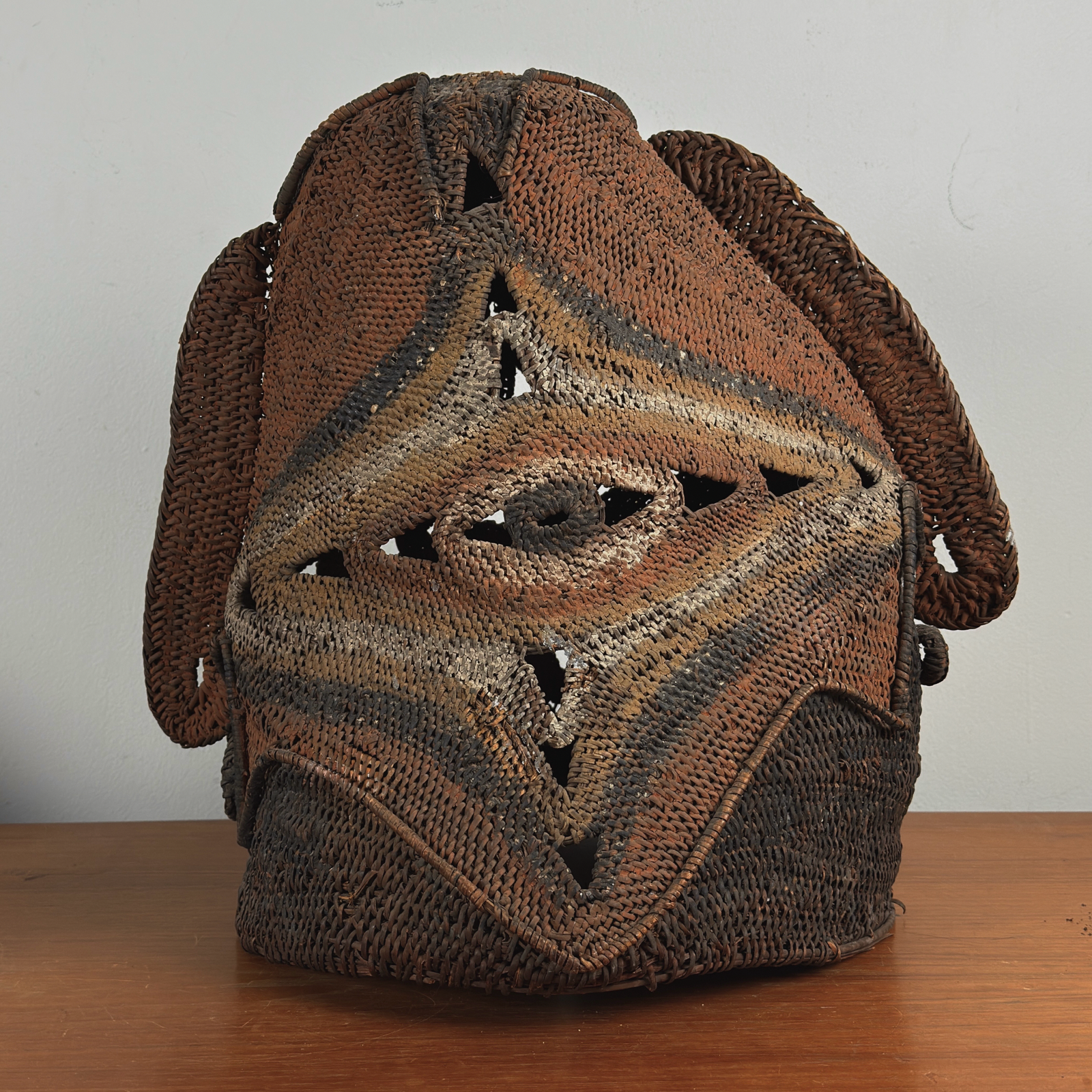 Monumental antique Abelam Baba Tagwa yam helmet mask full view woven cane fiber pigments