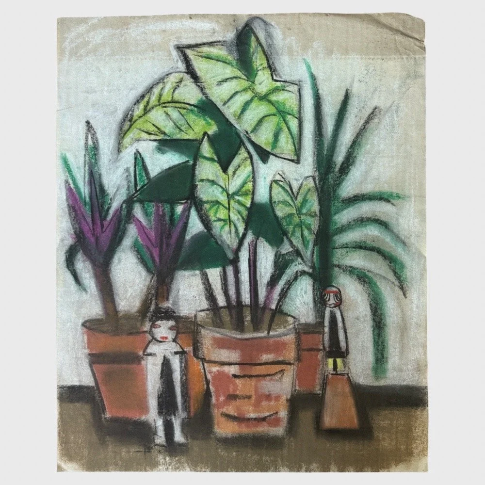 Frederick Childs (1908–1978) Vintage Modernist Still Life with Alocasia Plants and Japanese Figurines (c. 1950, Pastel on Paper)