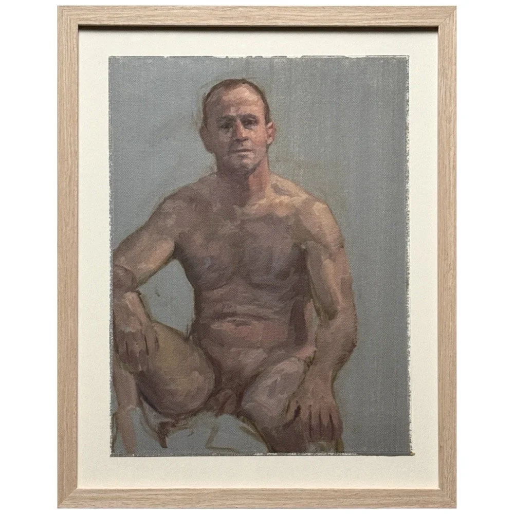 Vintage Expressionist male nude oil painting on canvas paper, framed