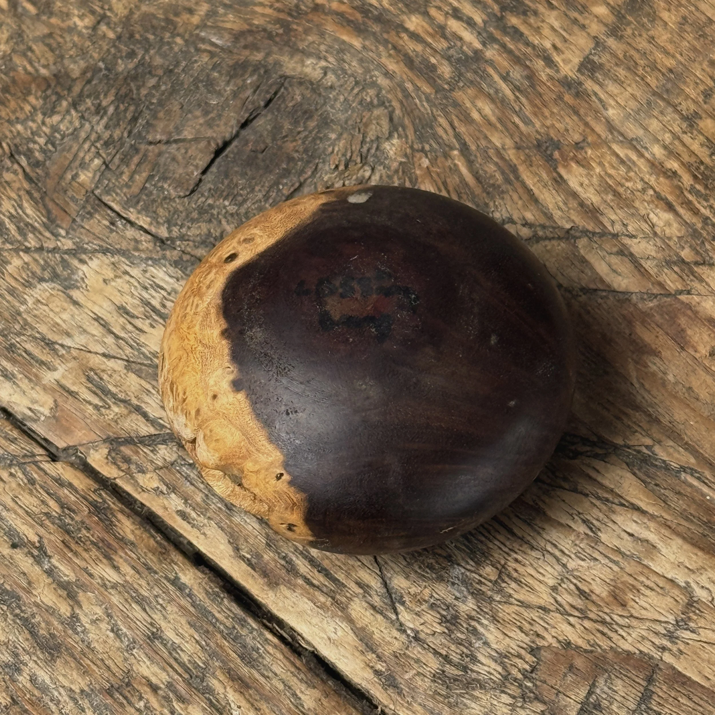 Artist signature on bottom of vintage burl wood seed pot