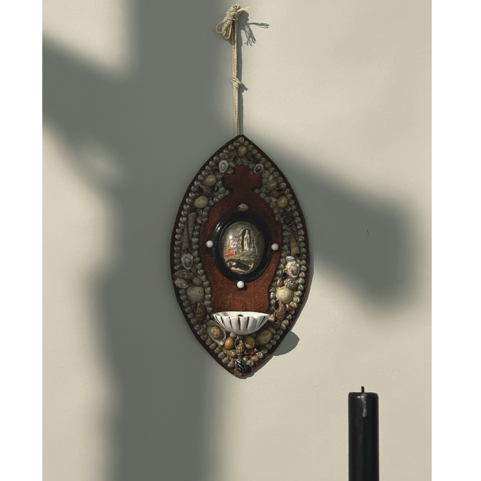 Vintage French folk art devotional wall plaque, Saint Bernadette diorama, shell decoration