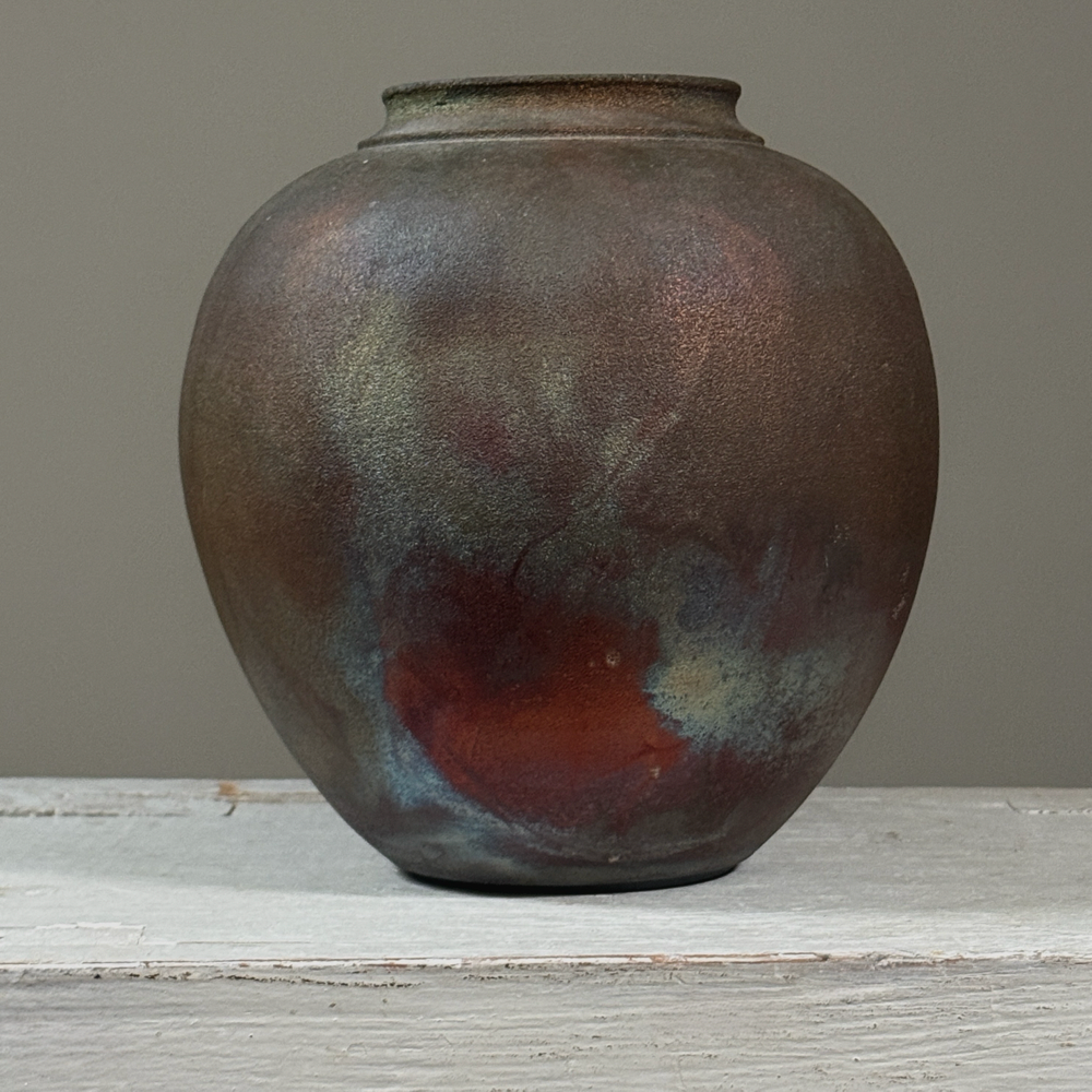 Vintage Postmodern raku fired vase, iridescent metallic glaze, signed