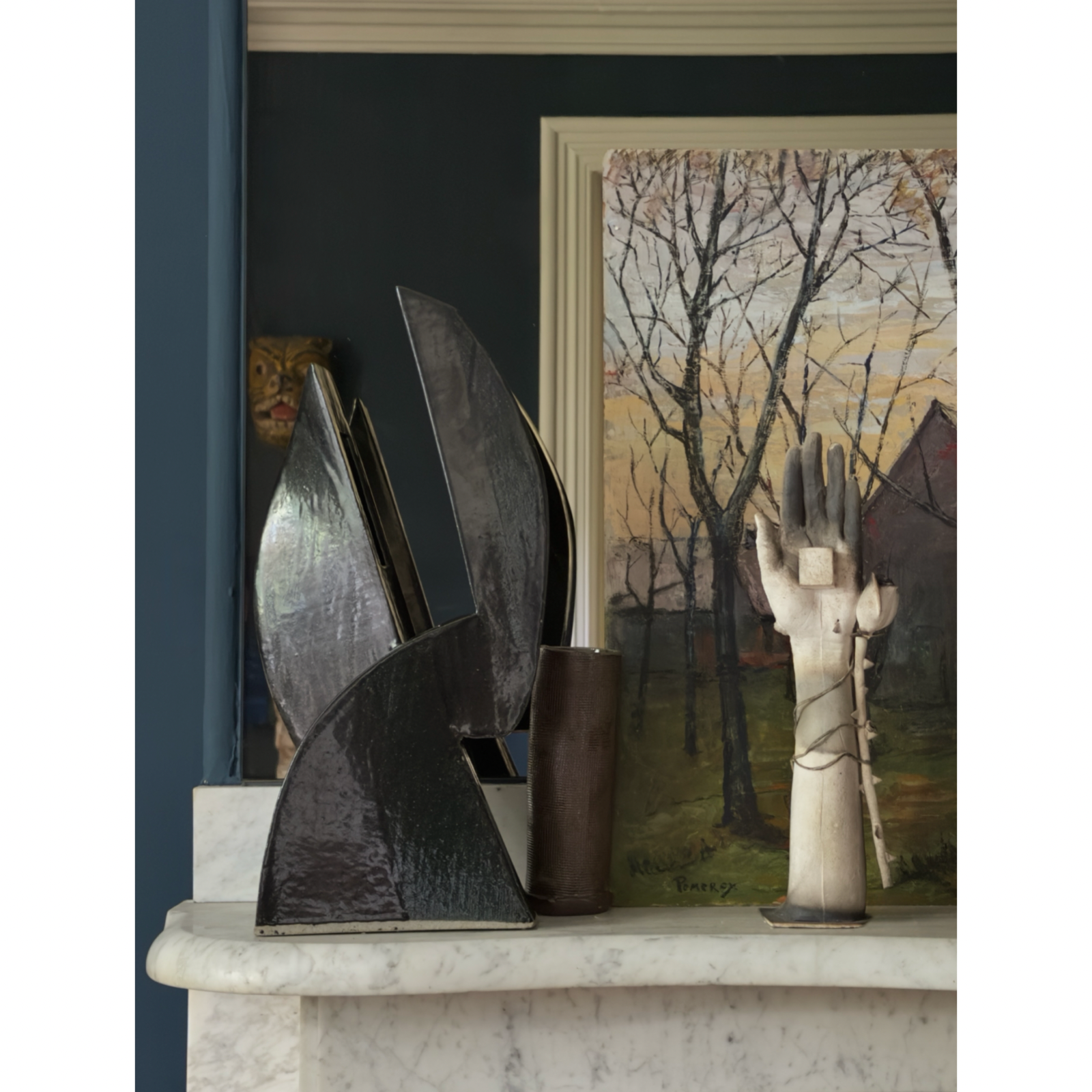Postmodernist sculptural ceramic ikebana vessel. Glossy black and subtle green glaze. 18.25 inches height.