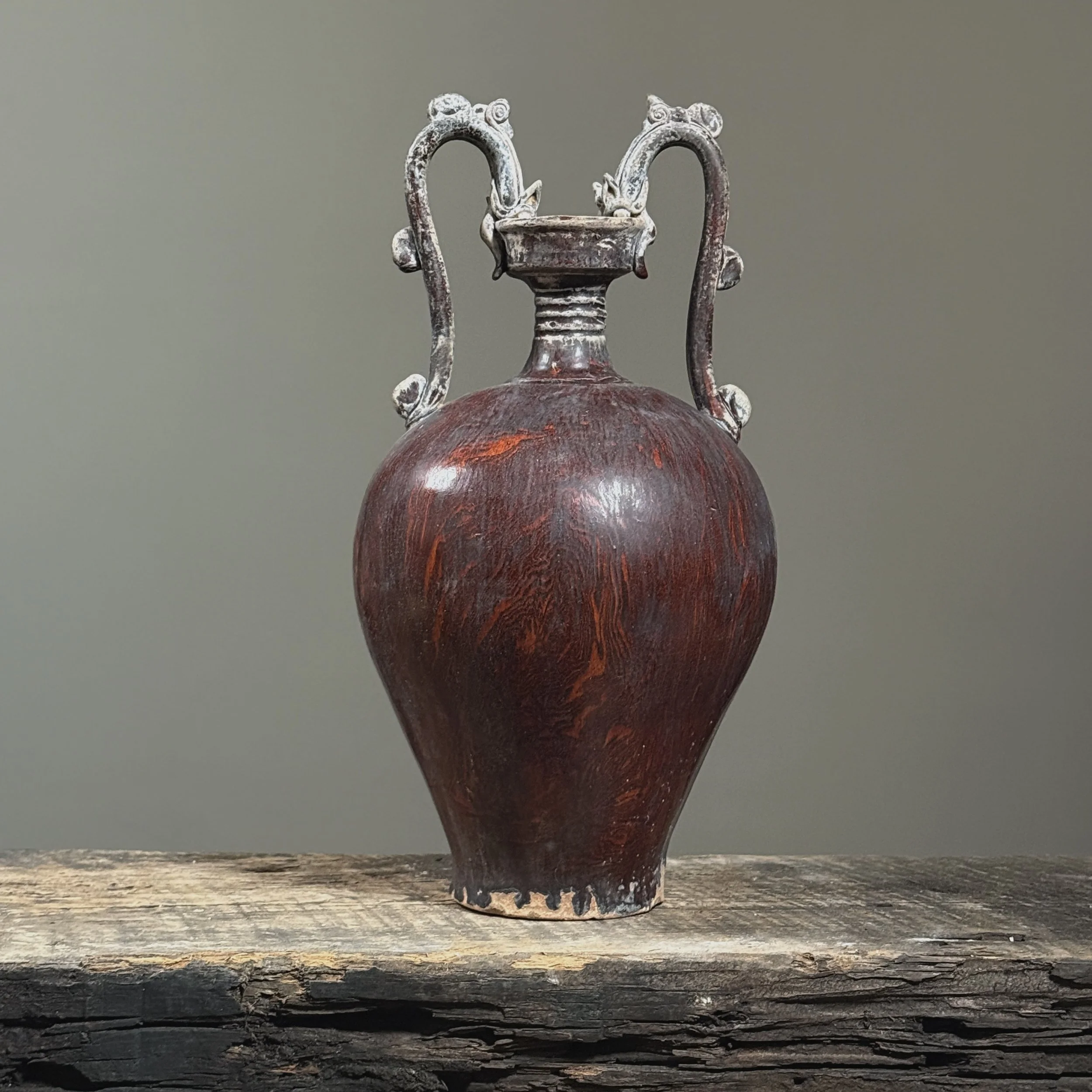 Chinese maroon wood-grain glazed pottery vase