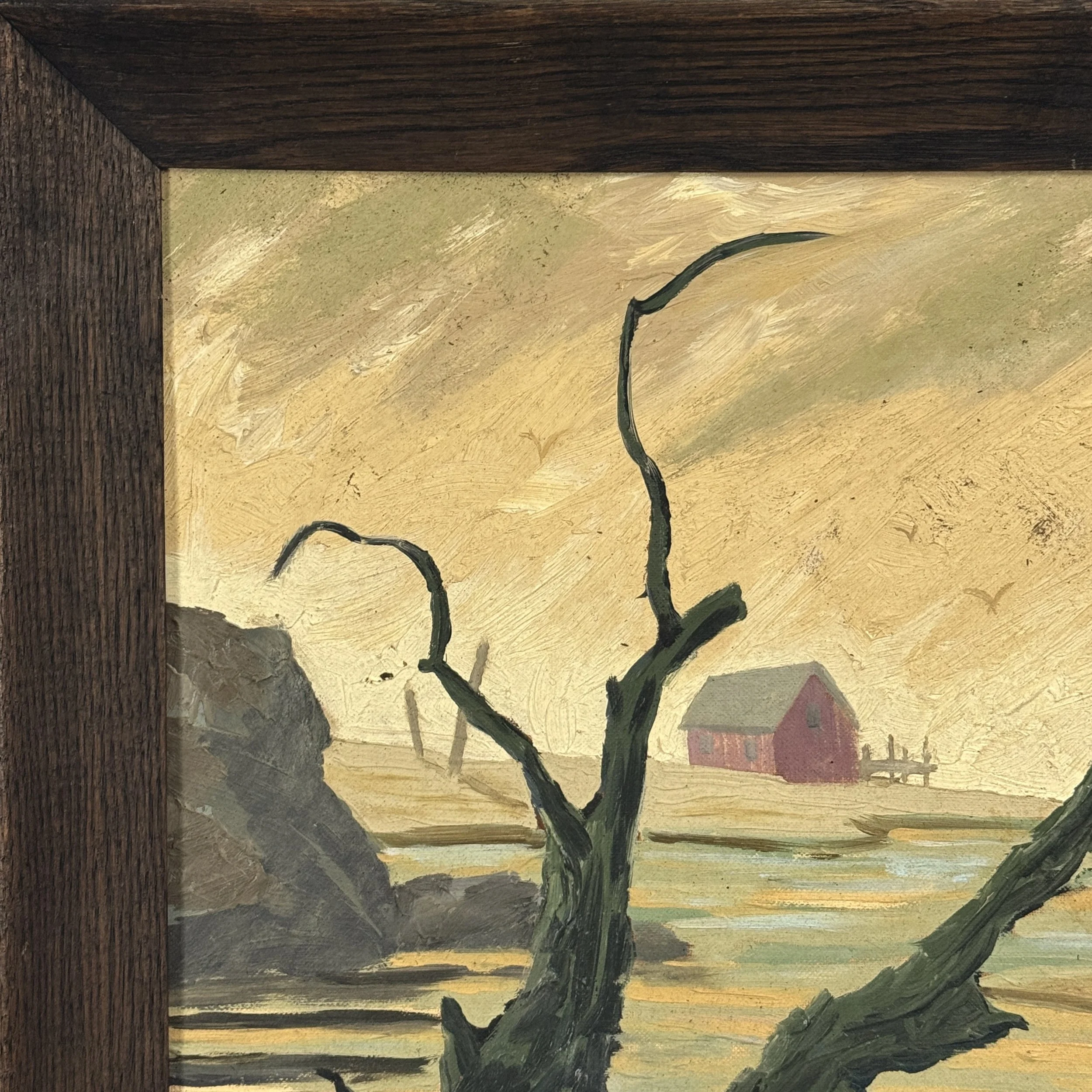 Detail of Vintage Expressionist desolate landscape with dead tree and red house, signed