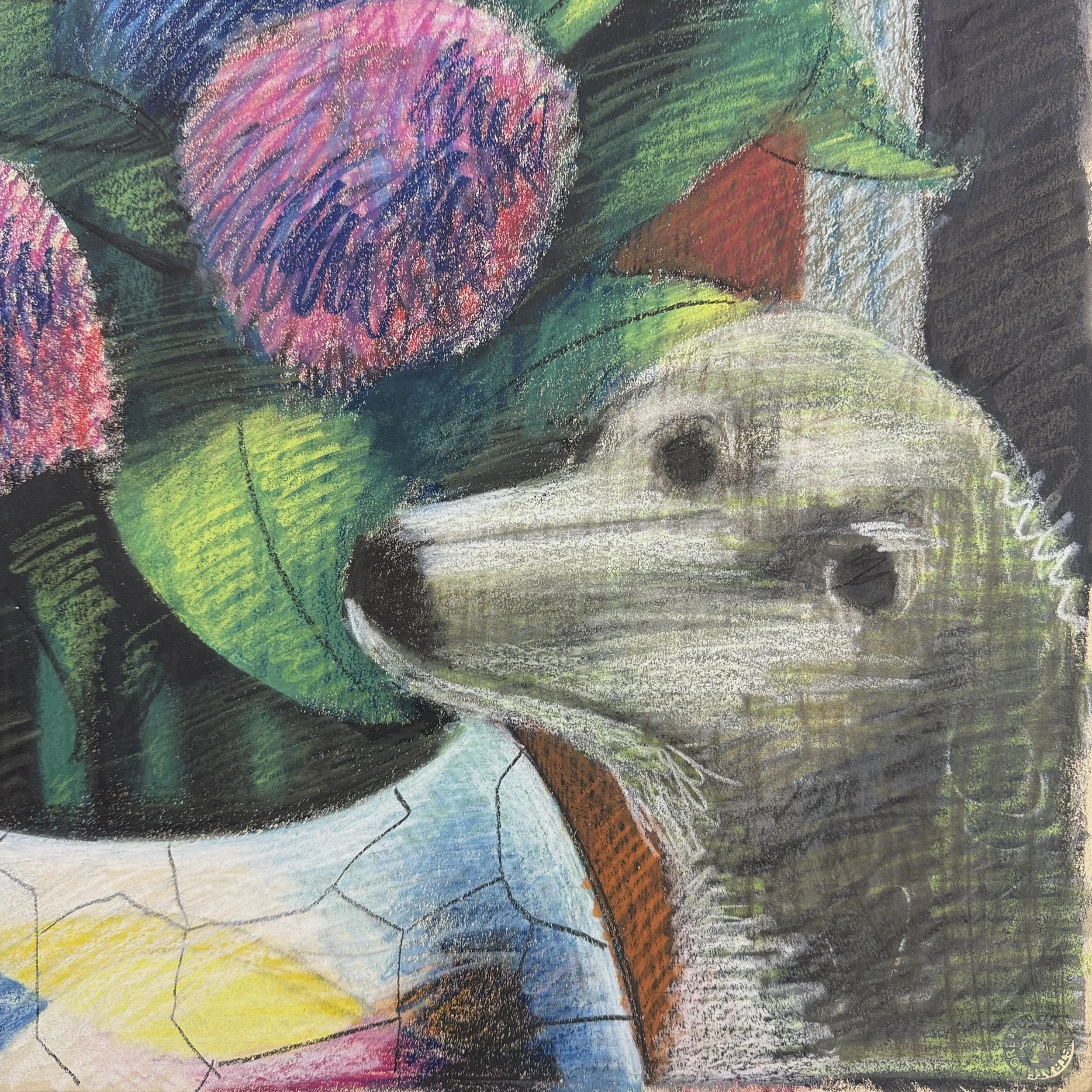 Expressionist drawing with dog in foreground