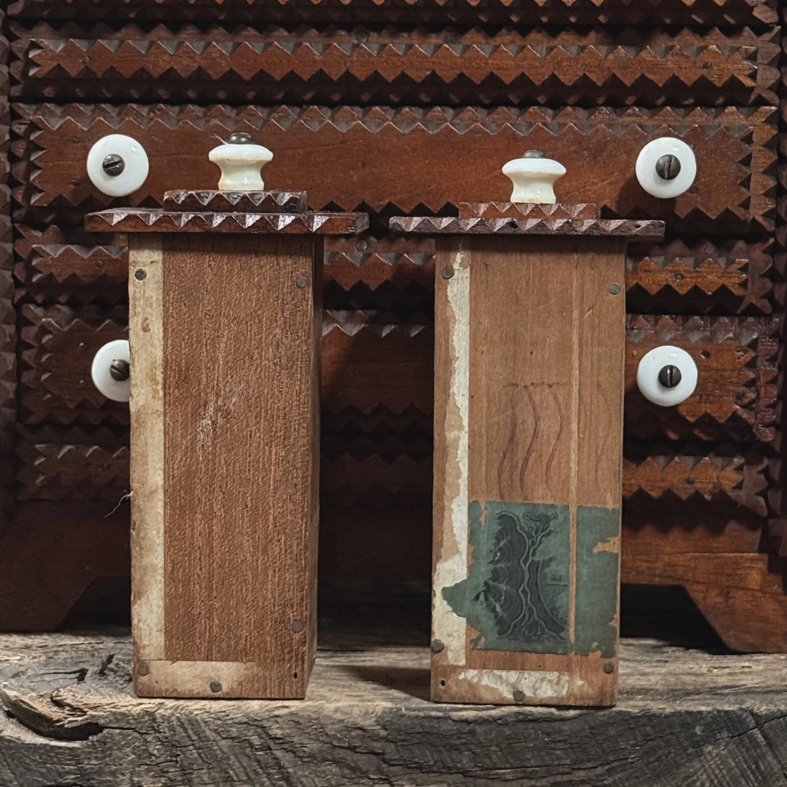 Open drawer showing the original vintage cigar box paper lining.