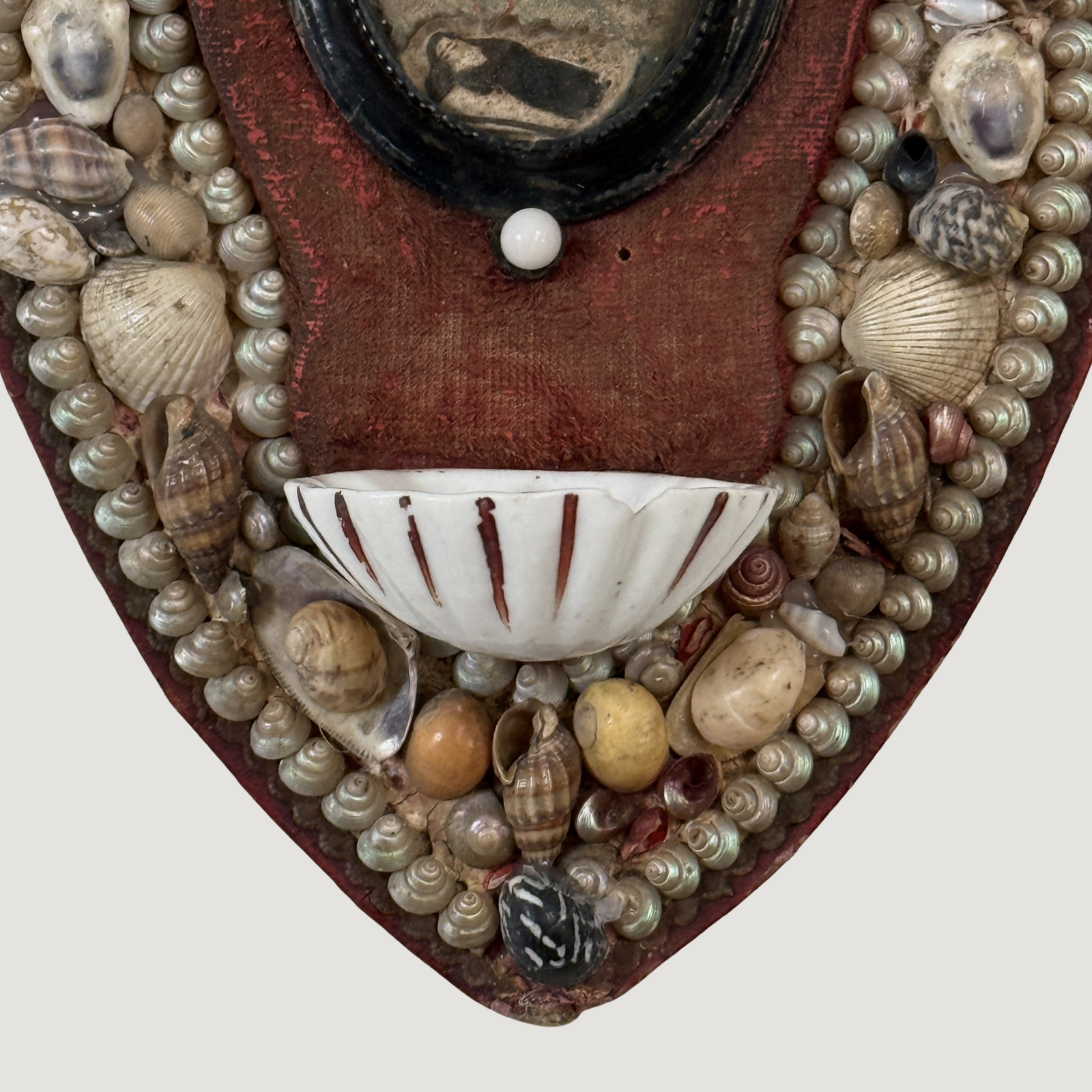 Vintage French folk art devotional wall plaque, Saint Bernadette diorama, shell decoration