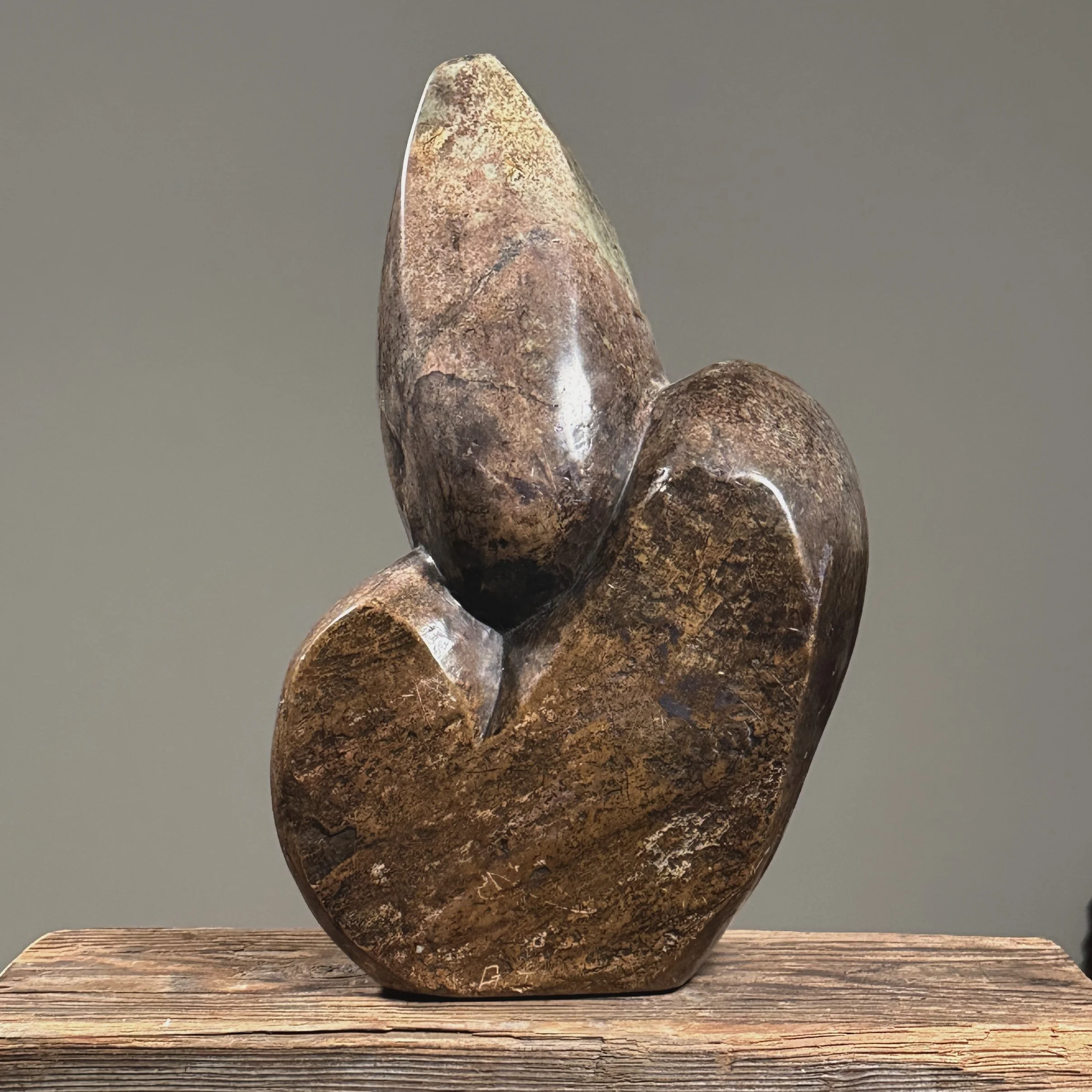 Rear view of Shona figurative abstraction revealing tool marks and asymmetrical contours.