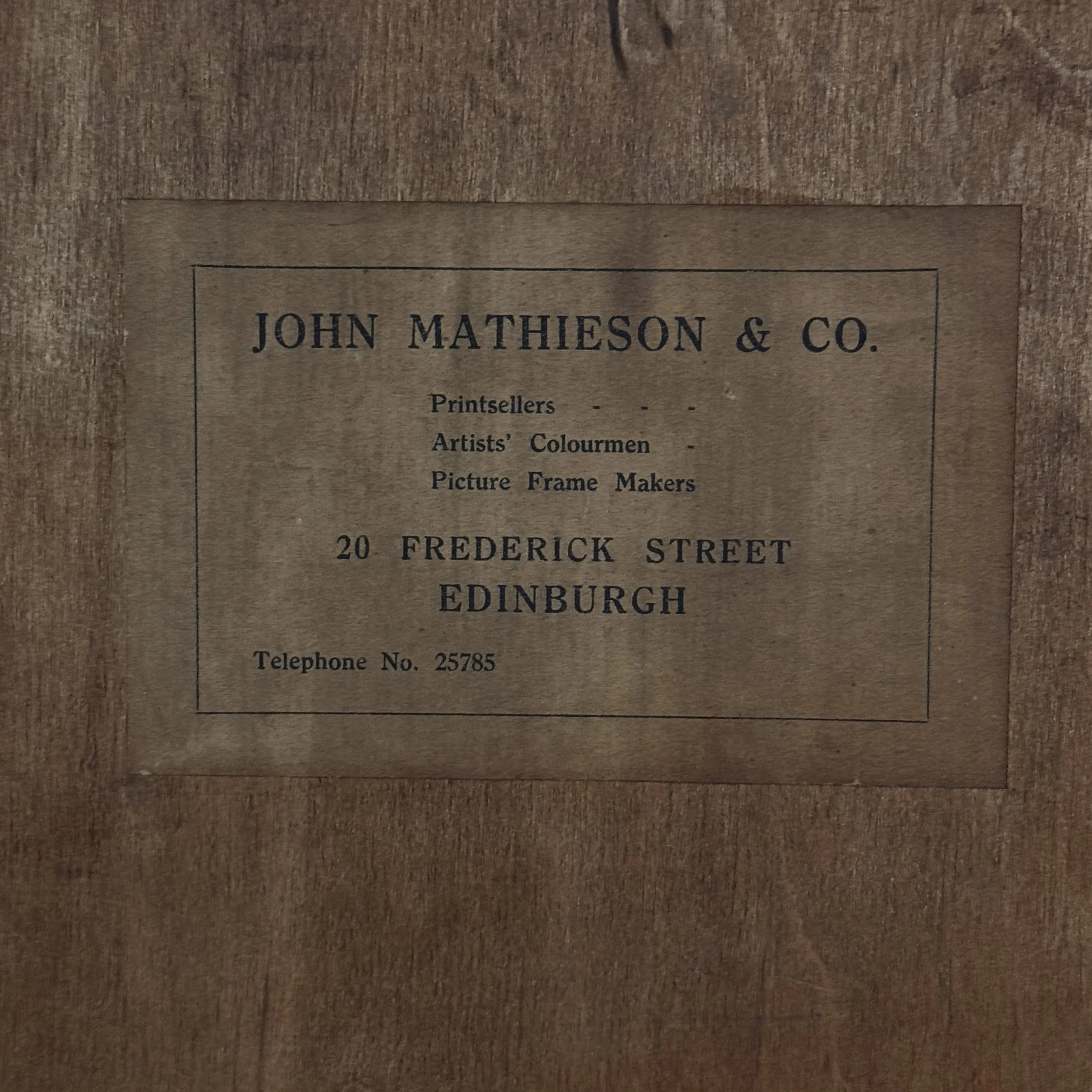 Original framer label verso, John Mathieson and Co, Edinburgh