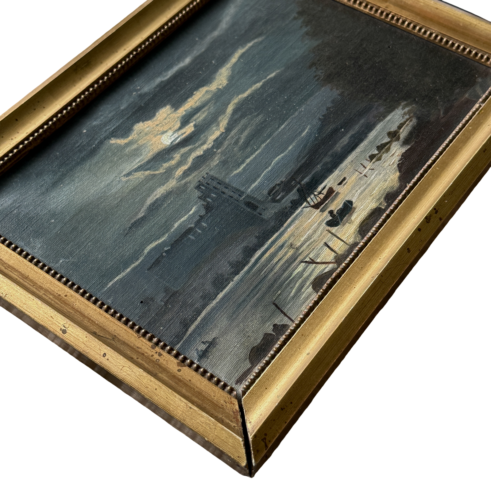 Oil on canvas, two boats and castle in moonlight