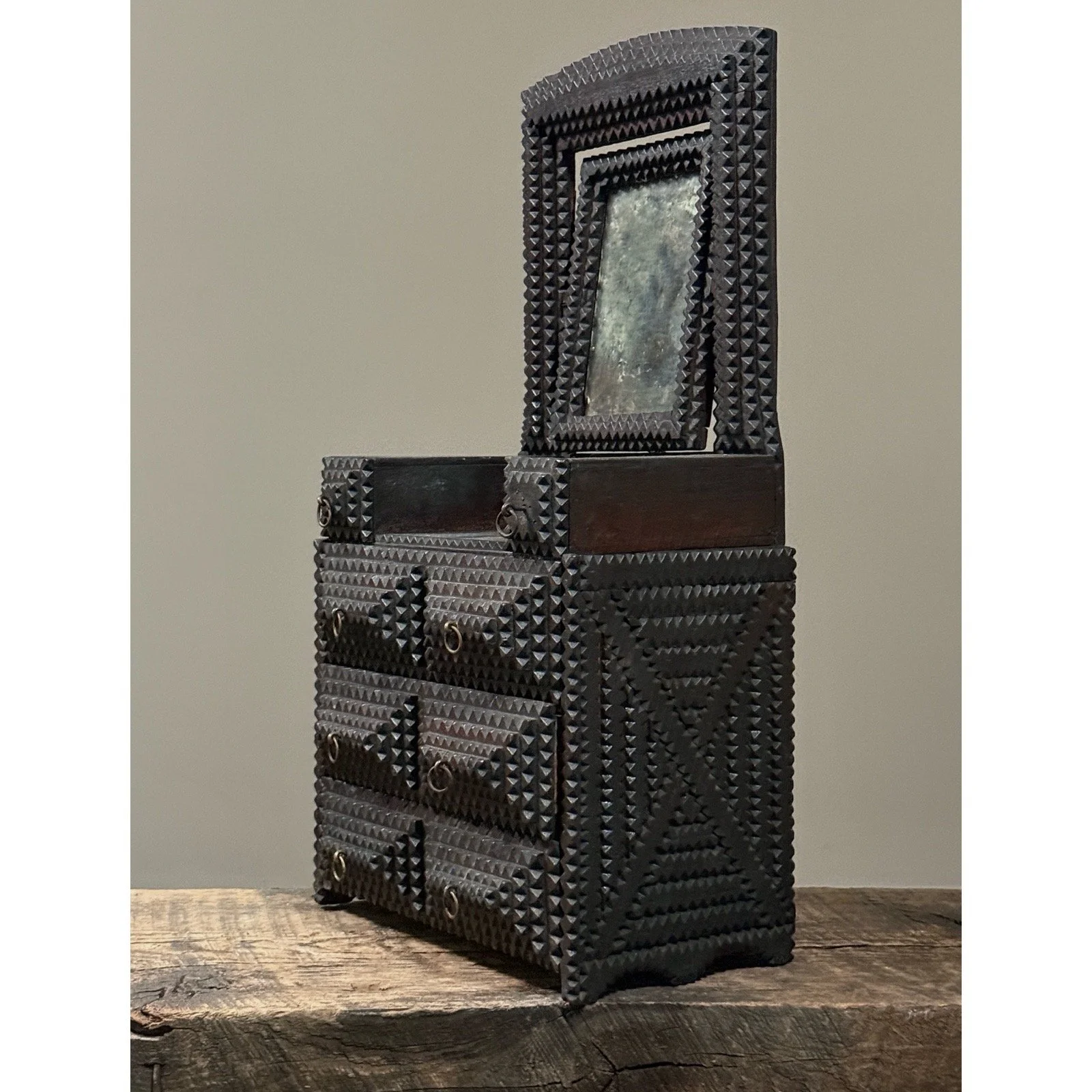 Antique tramp art tabletop dresser with mirror signed 1910