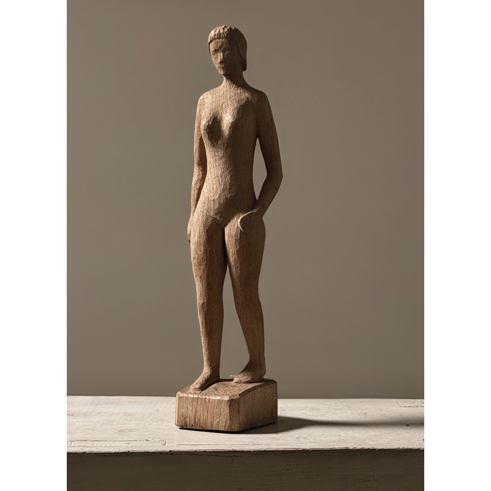 Full front view of vintage hand carved Danish modernist figurative sculpture, female nude, raw wood, unsigned, 13 inches tall
