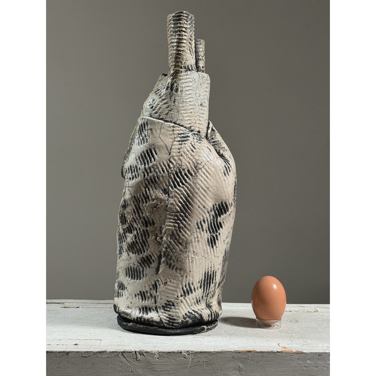 Vintage Brutalist Expressionist wood fired slab built crackle glaze vase